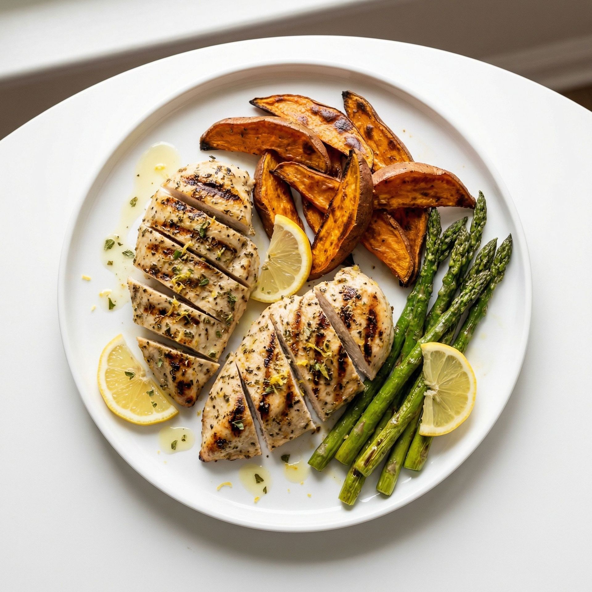 Grilled Lemon Herb Chicken With Asparagus and Sweet Potatoes, prepared as a finished Lila recipe
