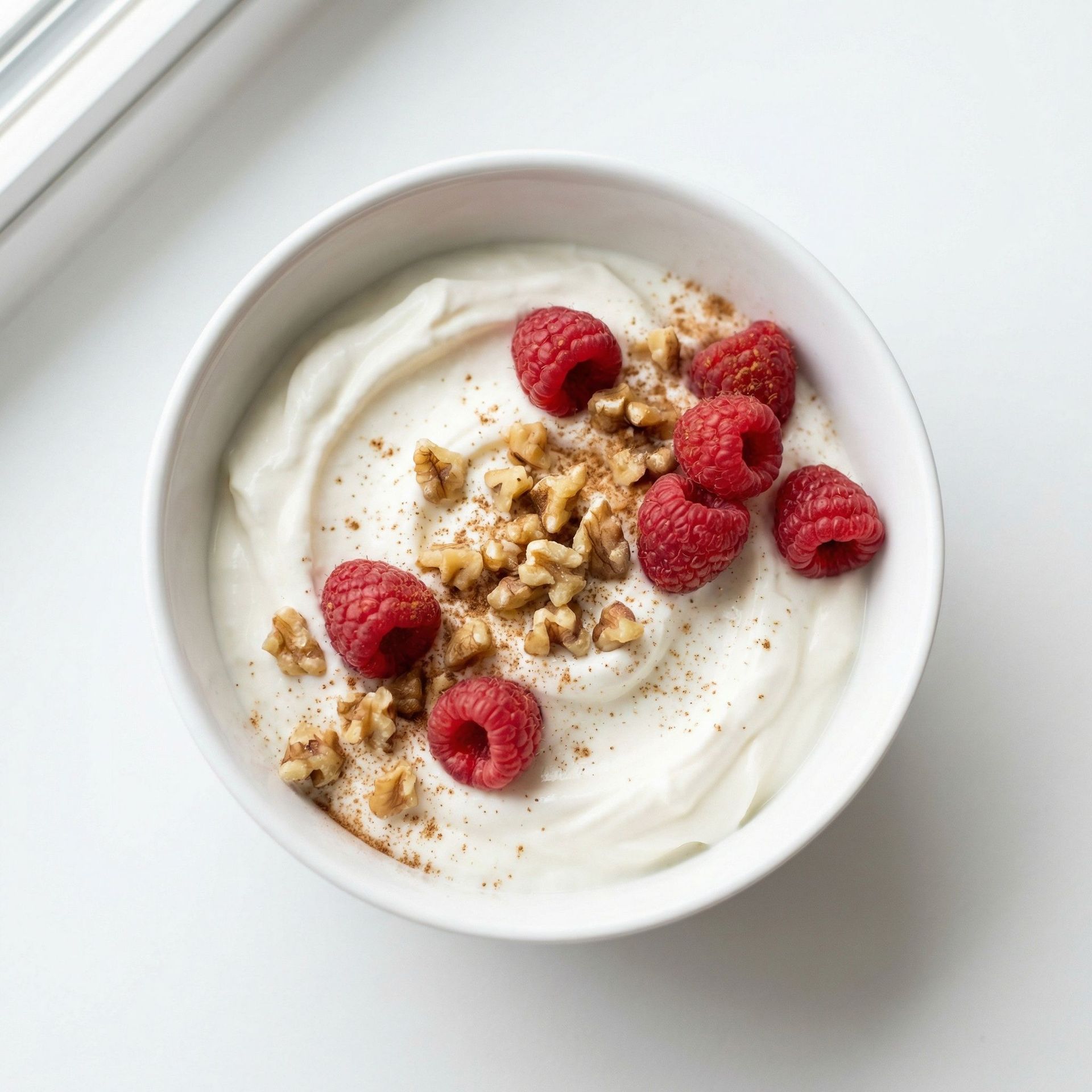 Greek Yogurt Bowl With Walnuts and Raspberries, prepared as a finished Lila recipe