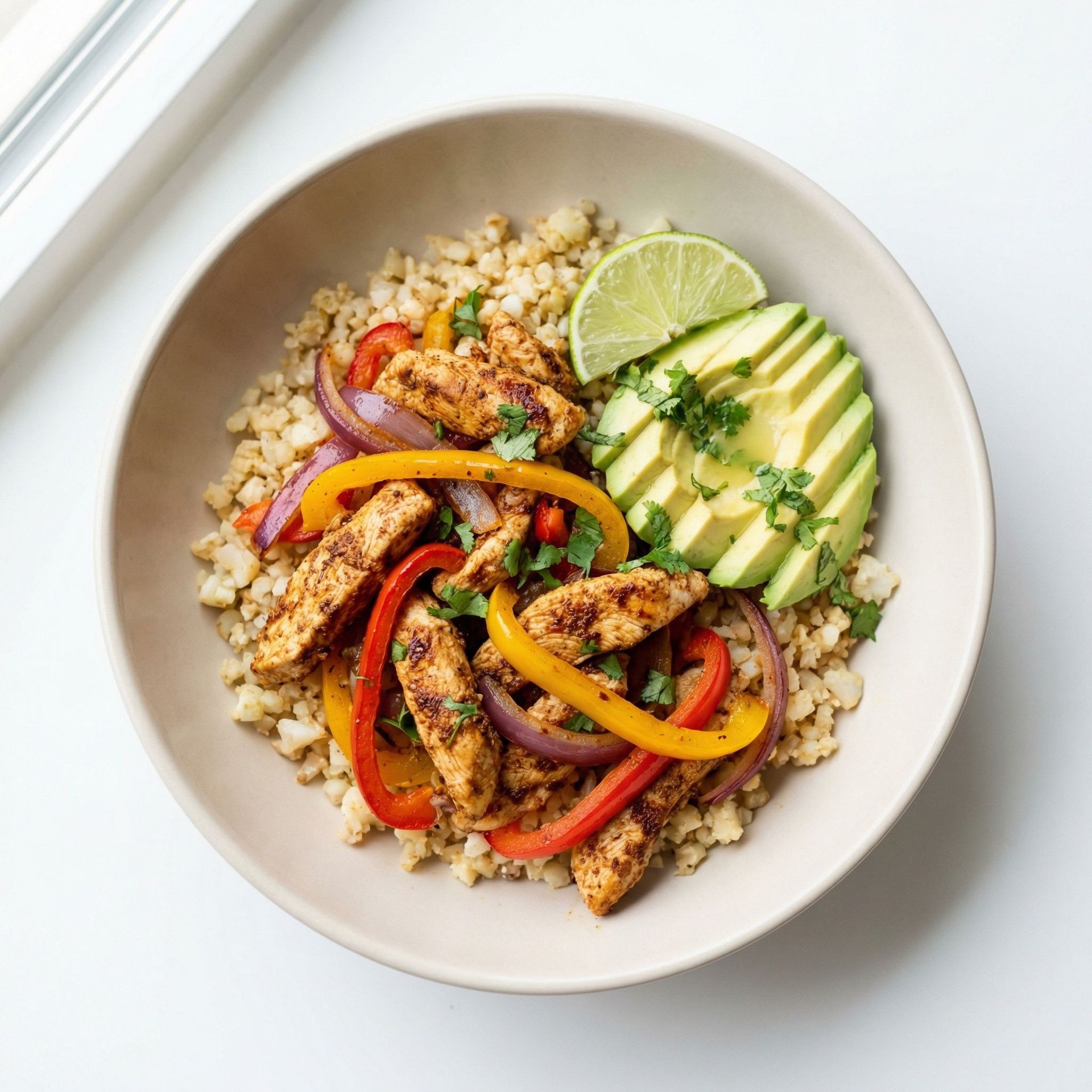 One-Pan Chicken Fajita Cauliflower Bowl, prepared as a finished Lila recipe