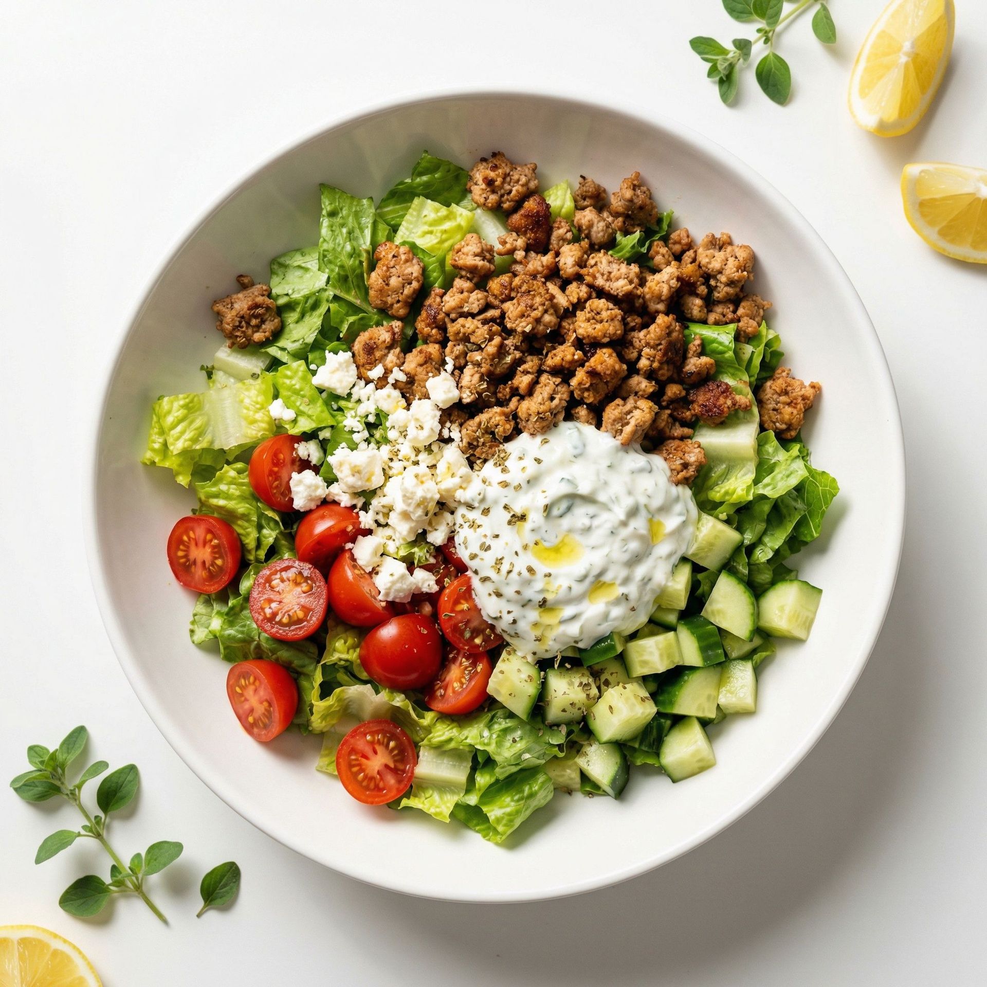 Greek Ground Turkey Salad Bowl, prepared as a finished Lila recipe