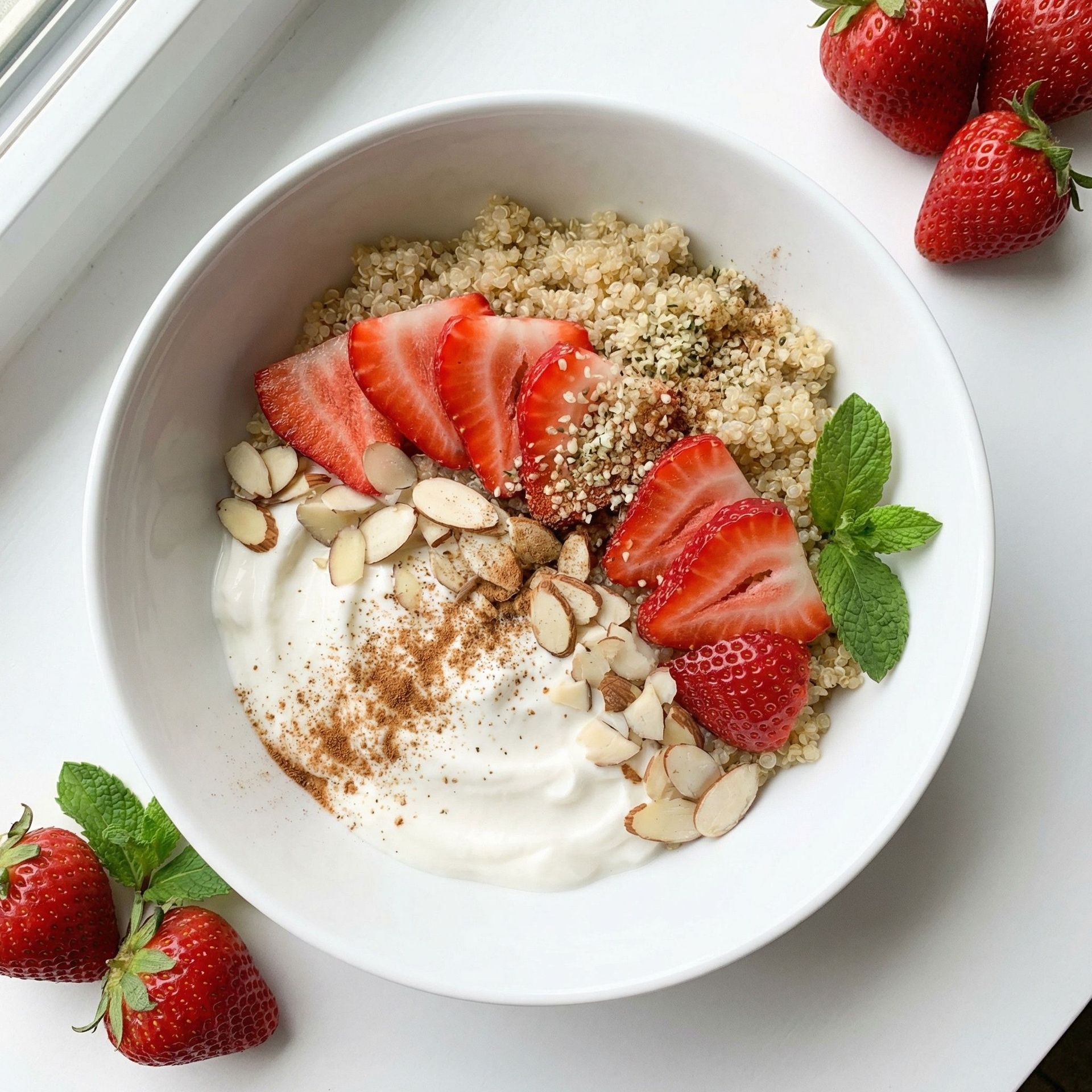 Strawberry Almond Quinoa Yogurt Bowl, prepared as a finished Lila recipe