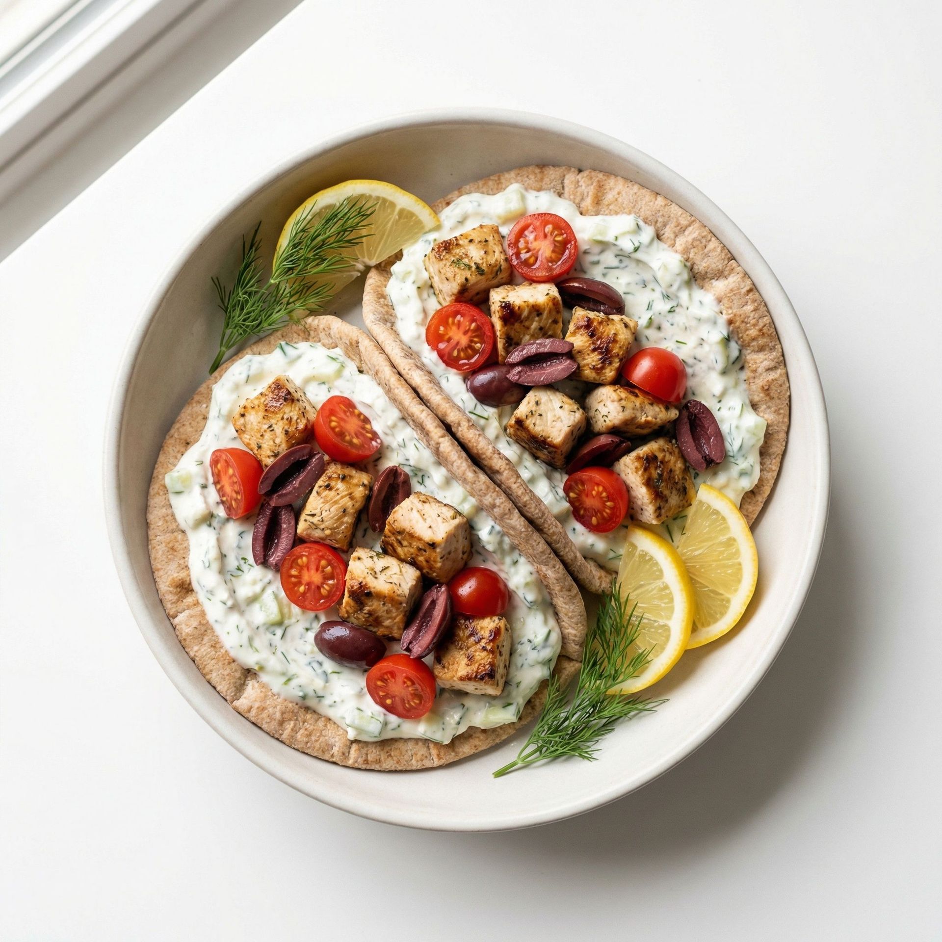 Mediterranean Chicken Souvlaki With Tzatziki And Pita, prepared as a finished Lila recipe