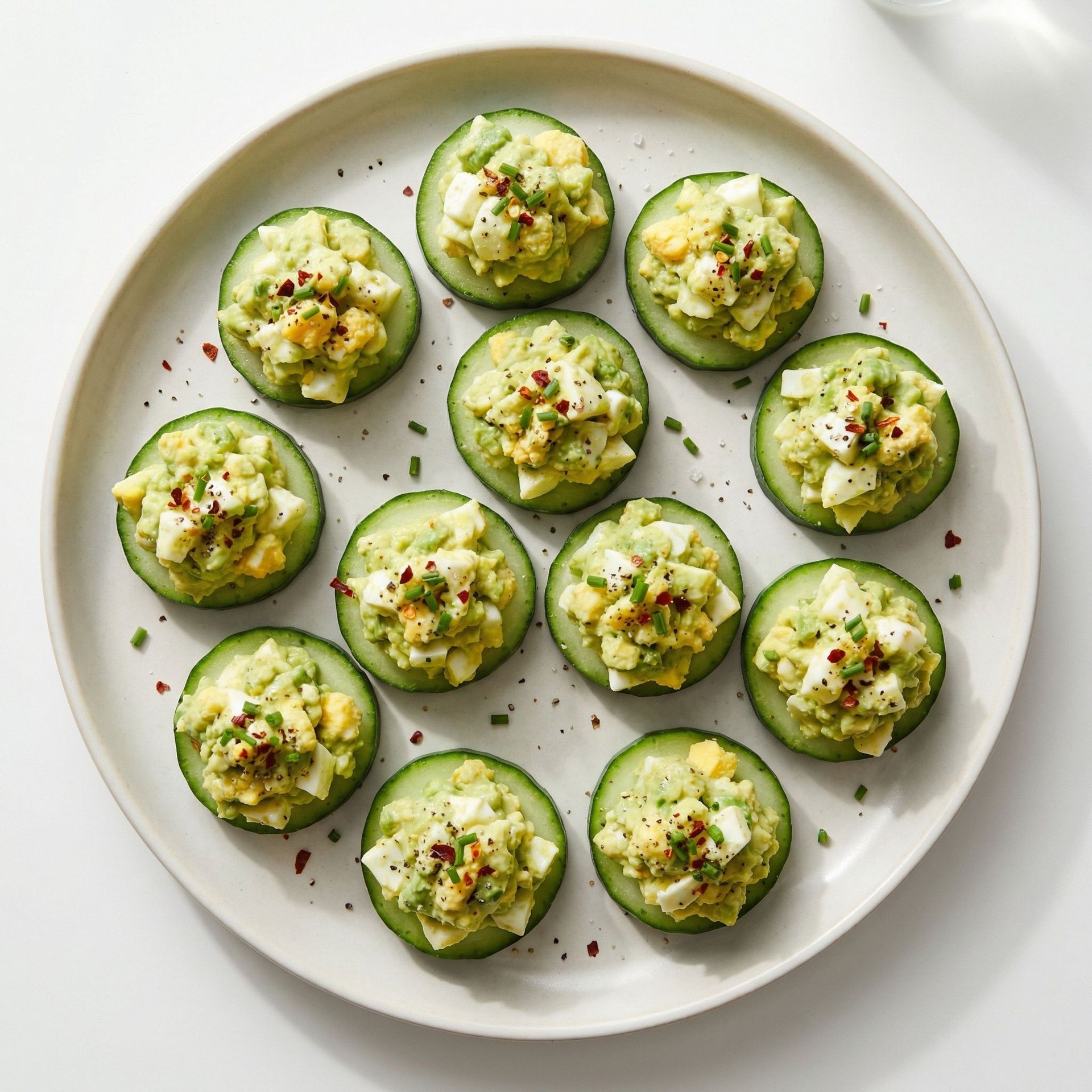 Avocado Egg Salad on Cucumber Rounds, prepared as a finished Lila recipe