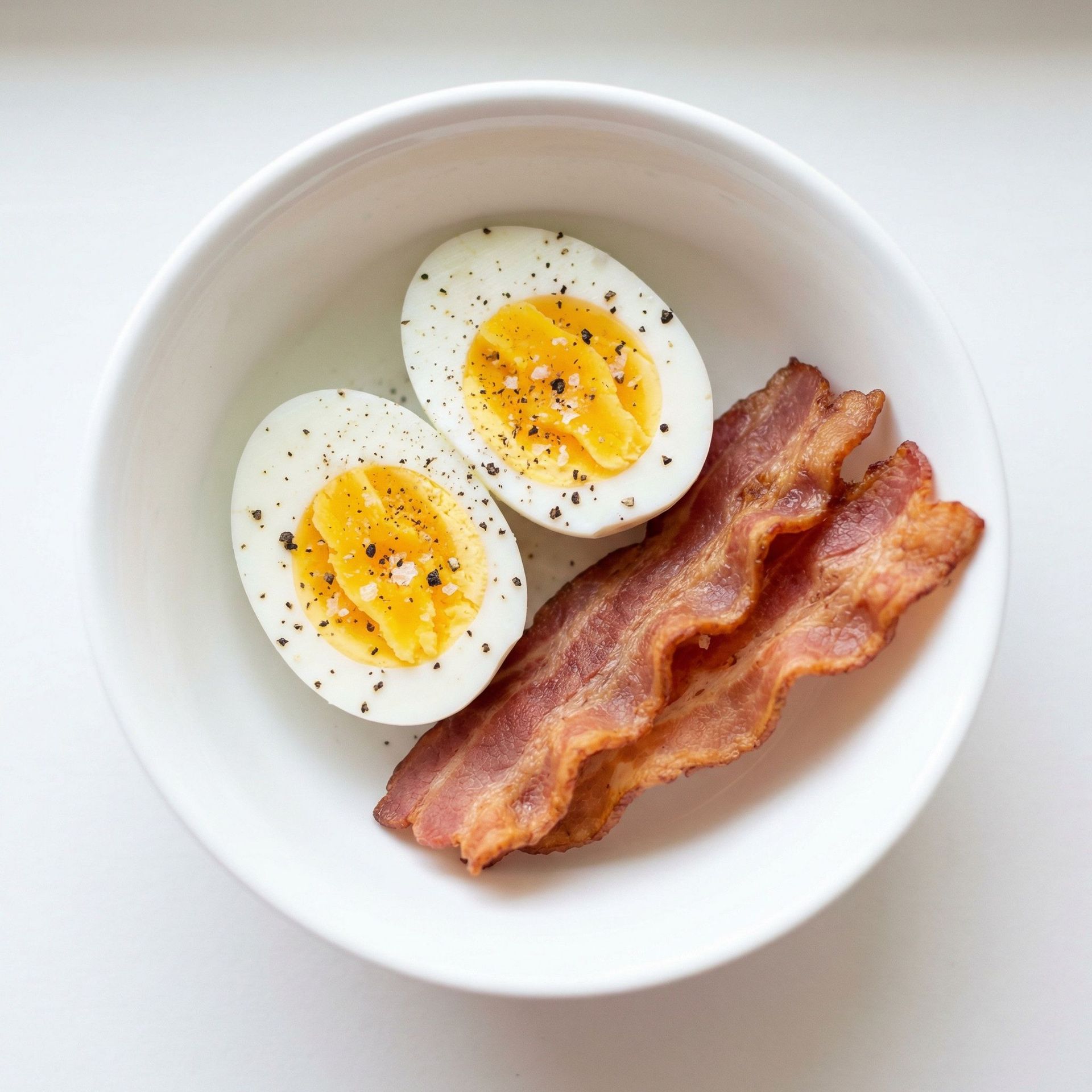 Hard-Boiled Eggs and Crisp Turkey Bacon, prepared as a finished Lila recipe