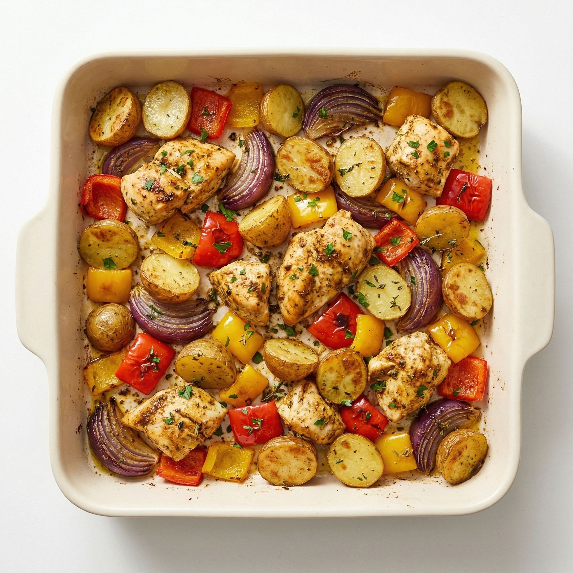 Sheet Pan Chicken and Roasted Vegetables, prepared as a finished Lila recipe
