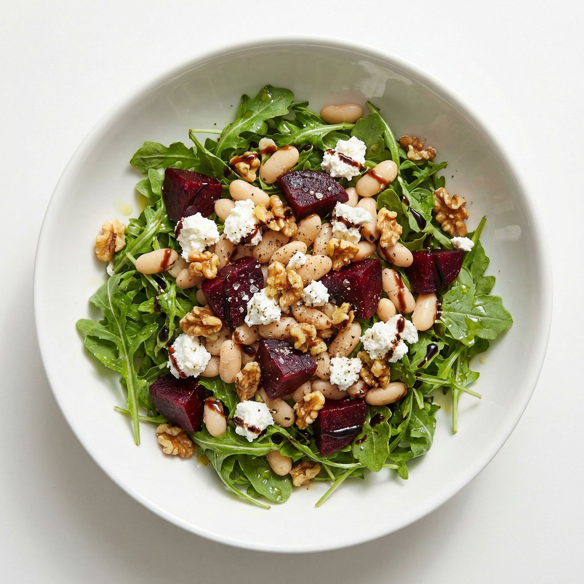 Roasted Beet, White Bean & Goat Cheese Salad, prepared as a finished Lila recipe