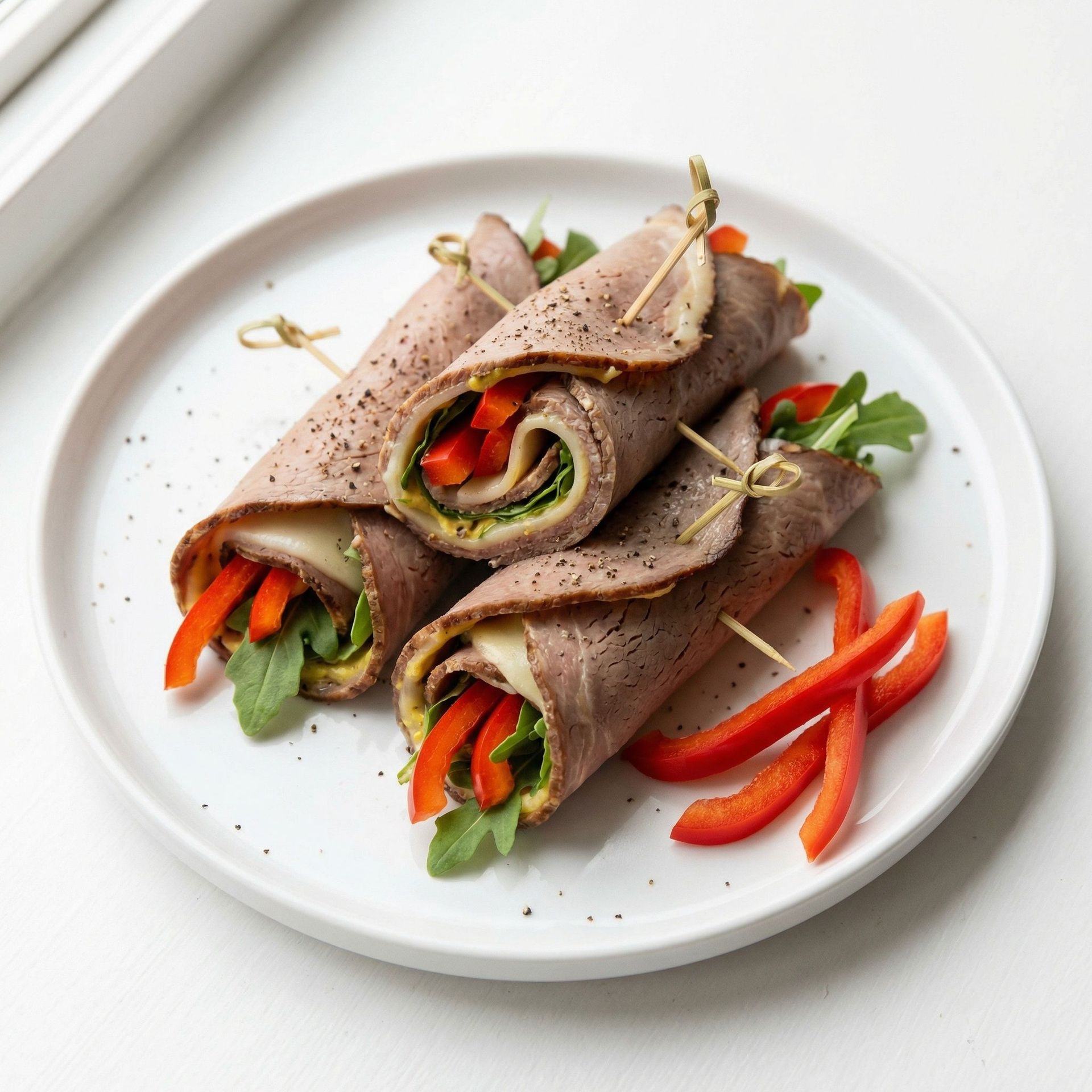 Roast Beef and Bell Pepper Power Roll-Ups, prepared as a finished Lila recipe