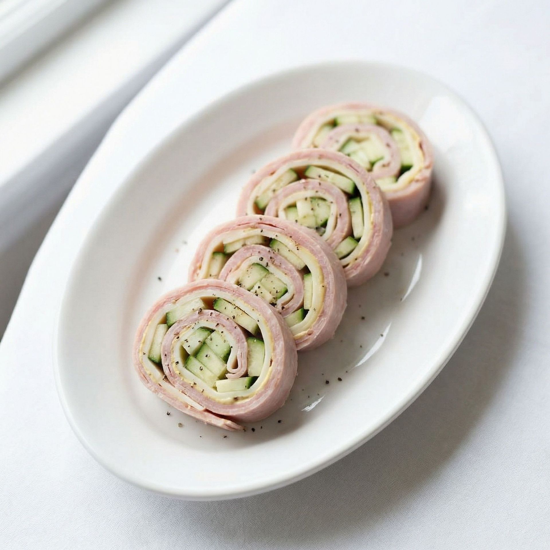 Ham, Swiss, and Cucumber Roll-Ups, prepared as a finished Lila recipe