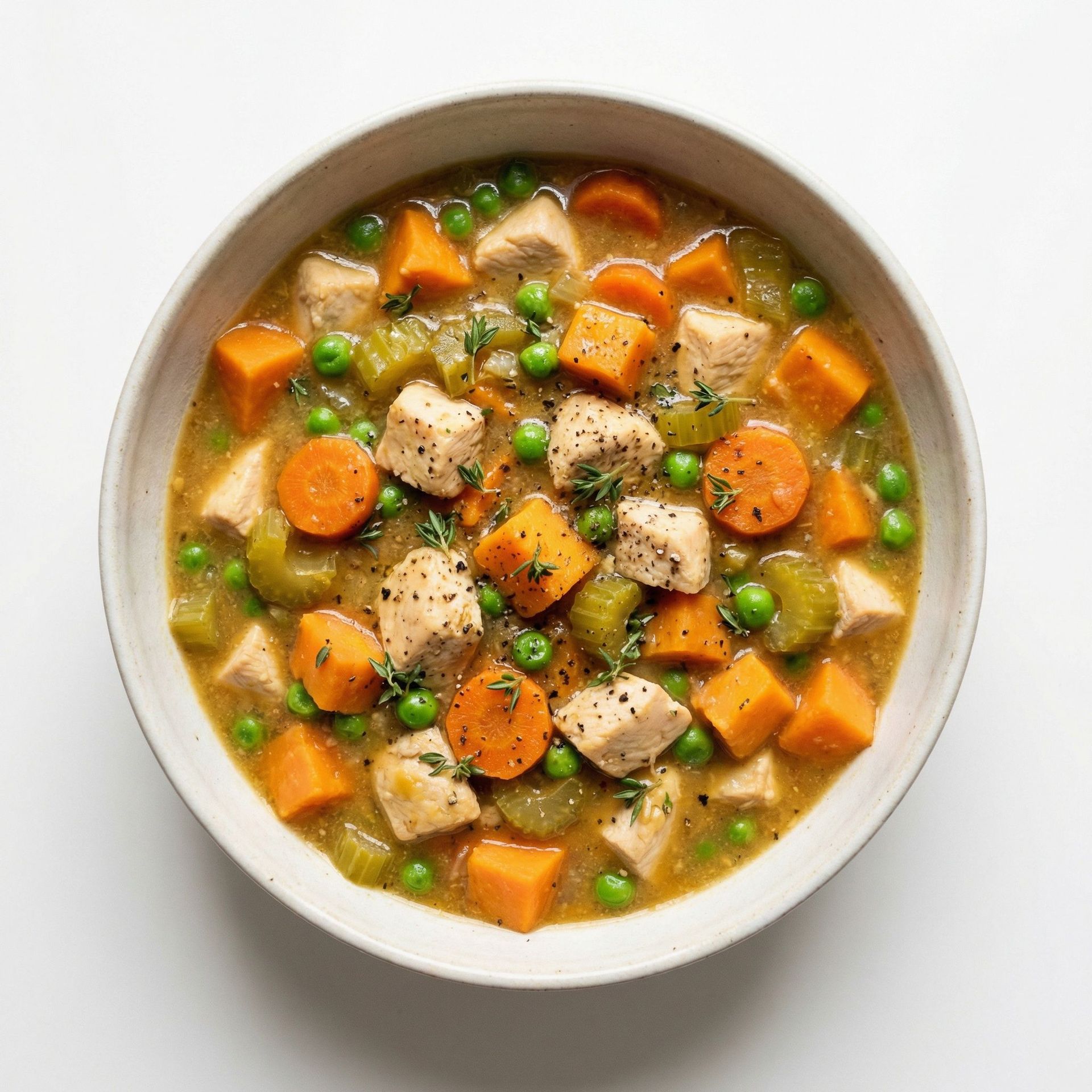 Crustless Chicken and Sweet Potato Stew, prepared as a finished Lila recipe