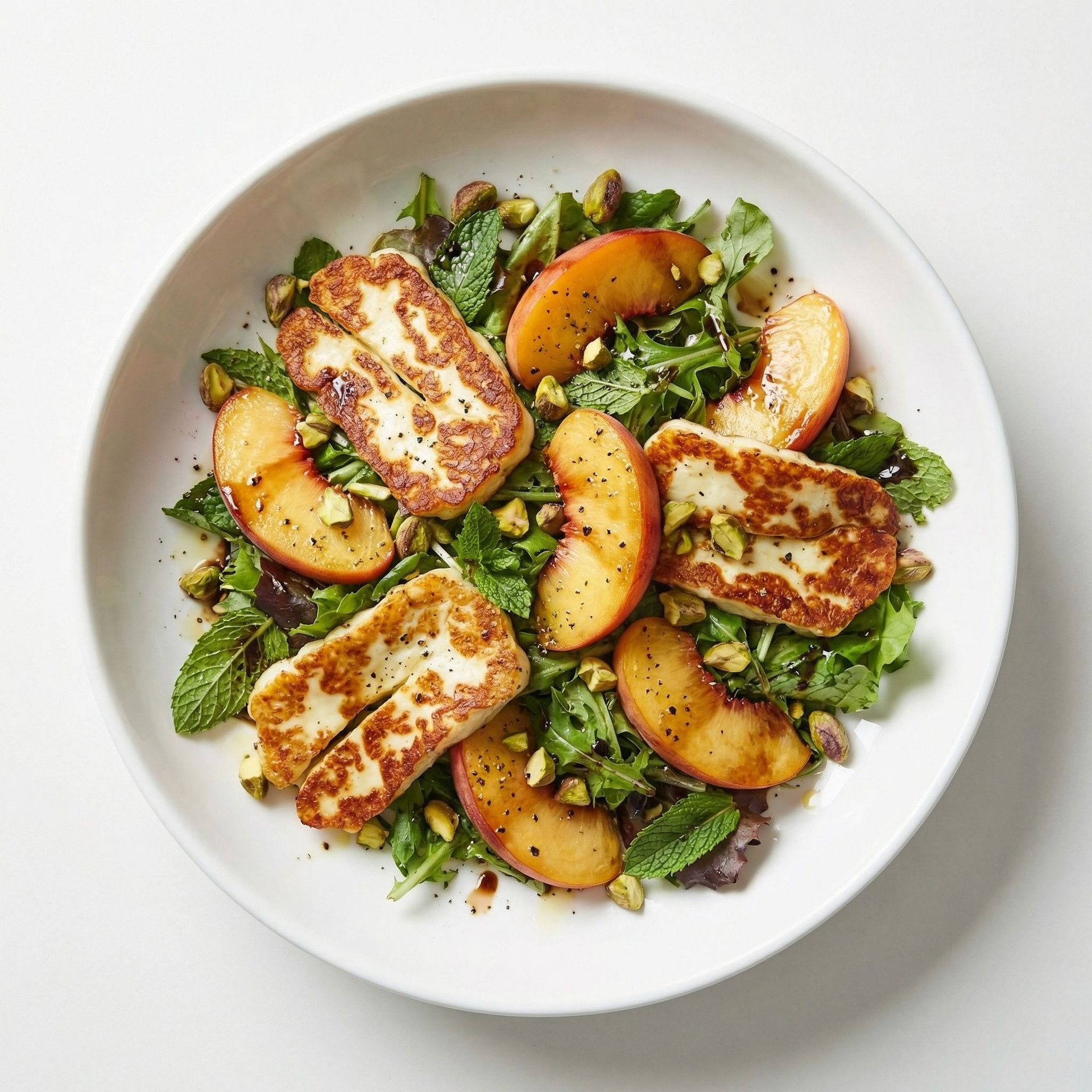 Warm Halloumi and Peach Salad, prepared as a finished Lila recipe