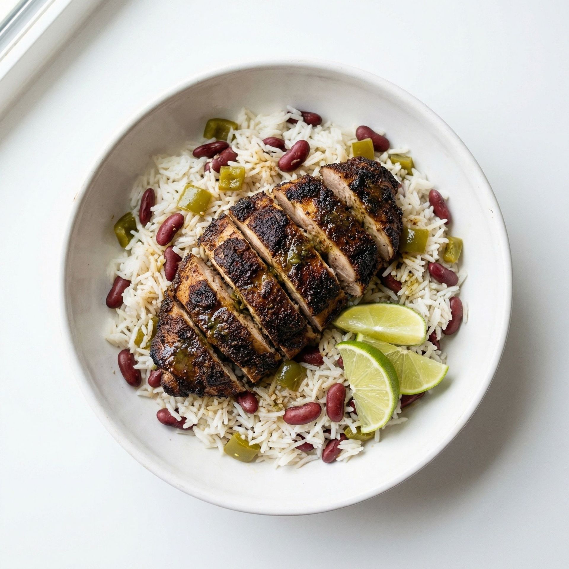 Caribbean Jerk Chicken With Rice And Kidney Beans, prepared as a finished Lila recipe