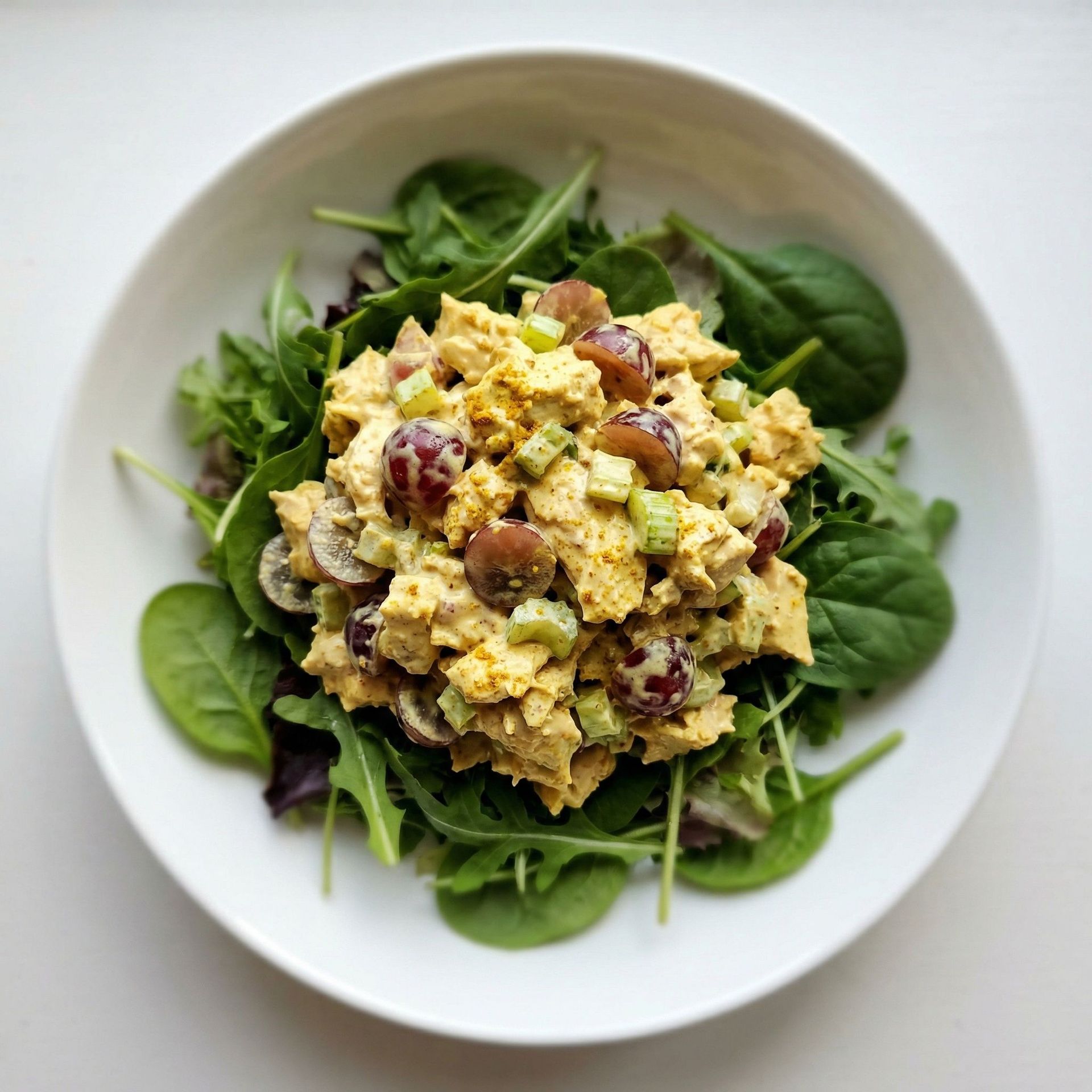 Curried Chicken and Grape Salad on Greens, prepared as a finished Lila recipe