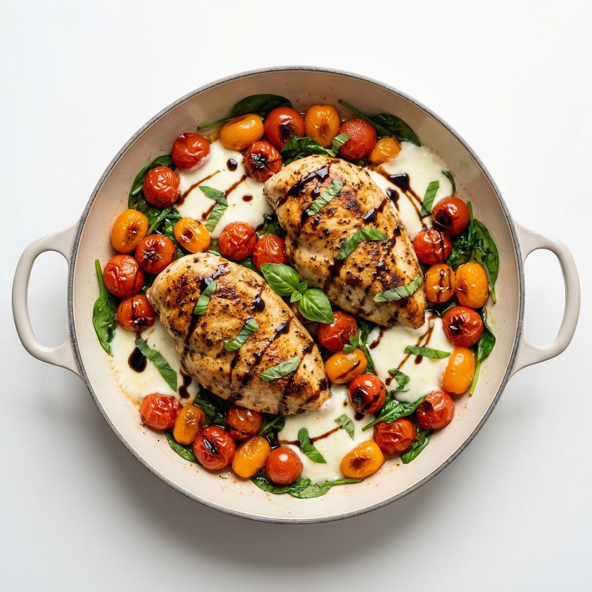 Caprese Skillet Chicken & Blistered Tomatoes, prepared as a finished Lila recipe