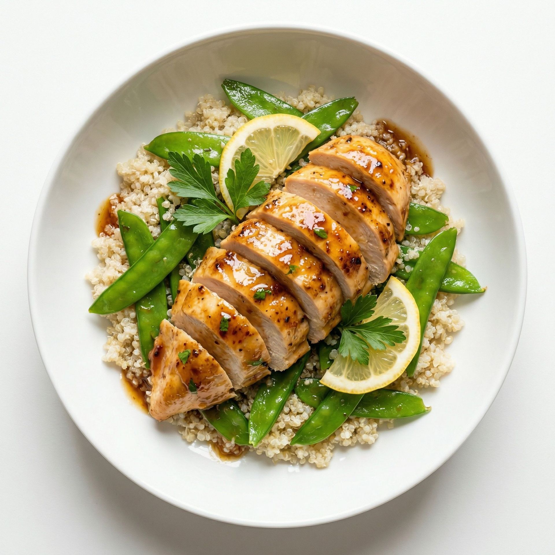 Lemon-Soy Baked Chicken With Quinoa And Snow Peas, prepared as a finished Lila recipe