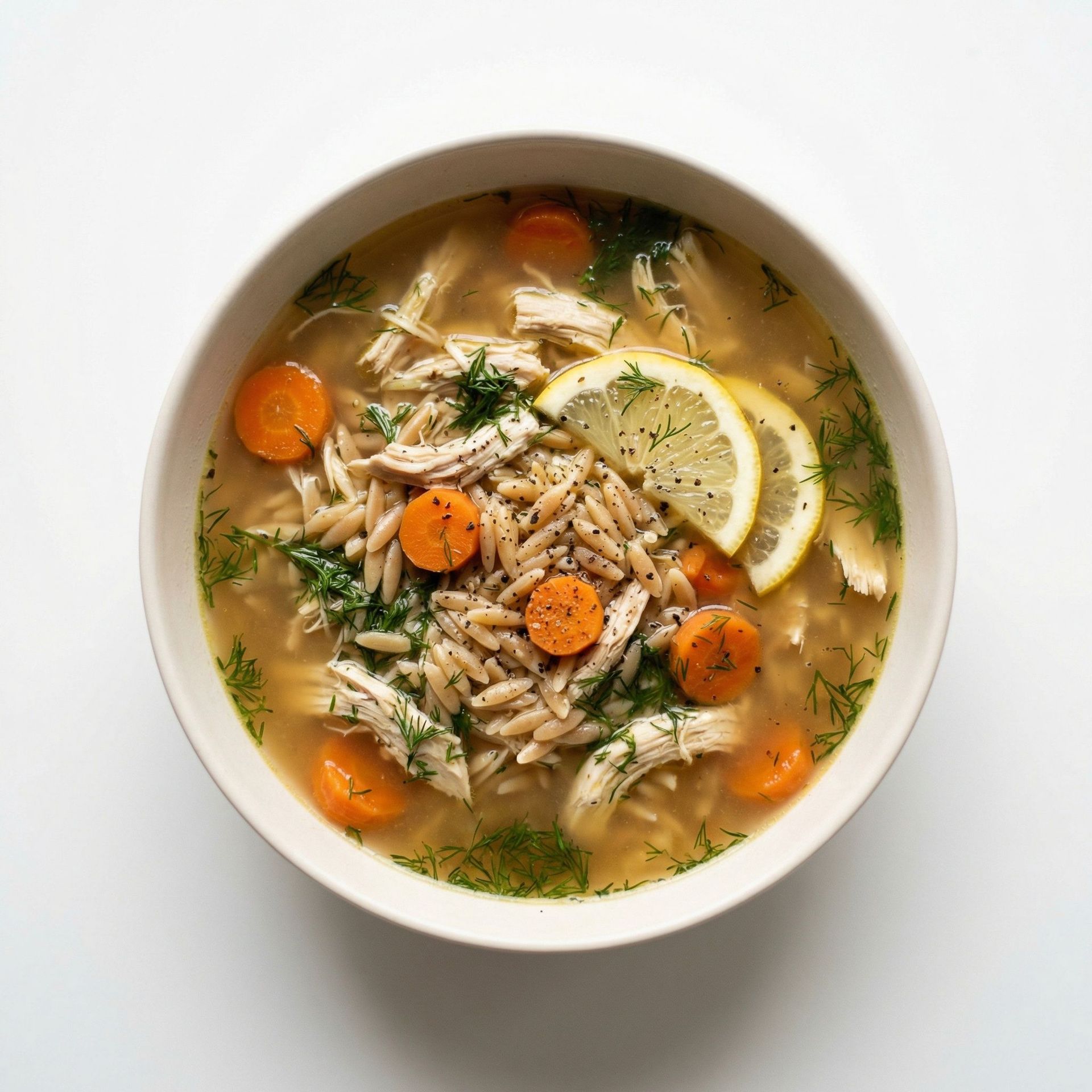 Lemon And Dill Chicken Orzo Soup, prepared as a finished Lila recipe