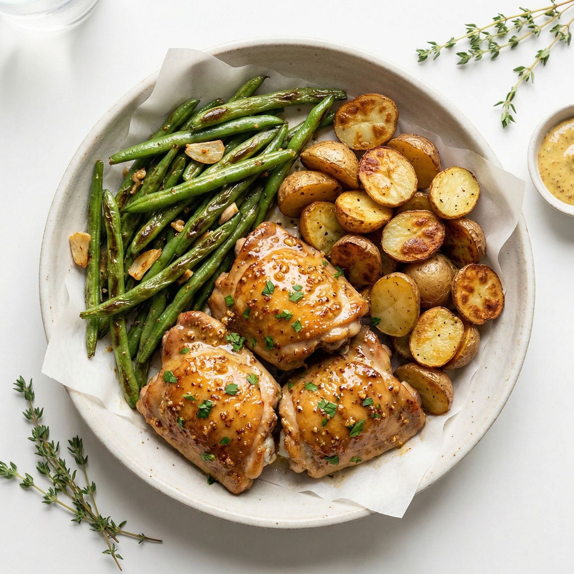 Sheet Pan Garlic Mustard Chicken And Green Beans, prepared as a finished Lila recipe