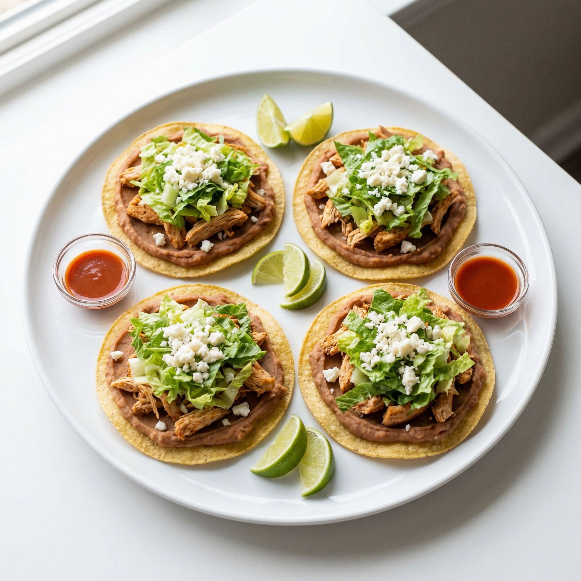 Refried Bean and Shredded Chicken Tostadas, prepared as a finished Lila recipe