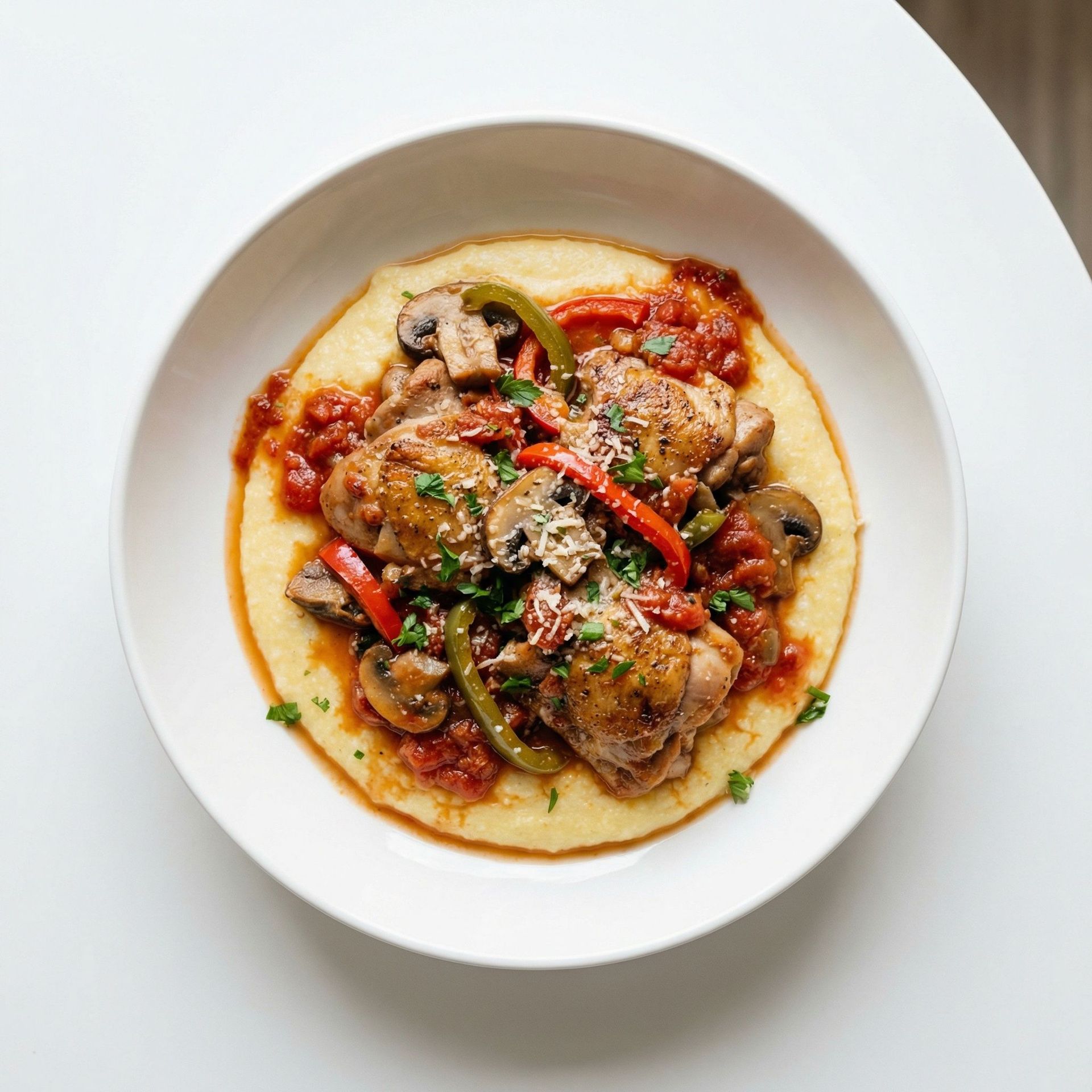 Classic Chicken Cacciatore With Polenta, prepared as a finished Lila recipe