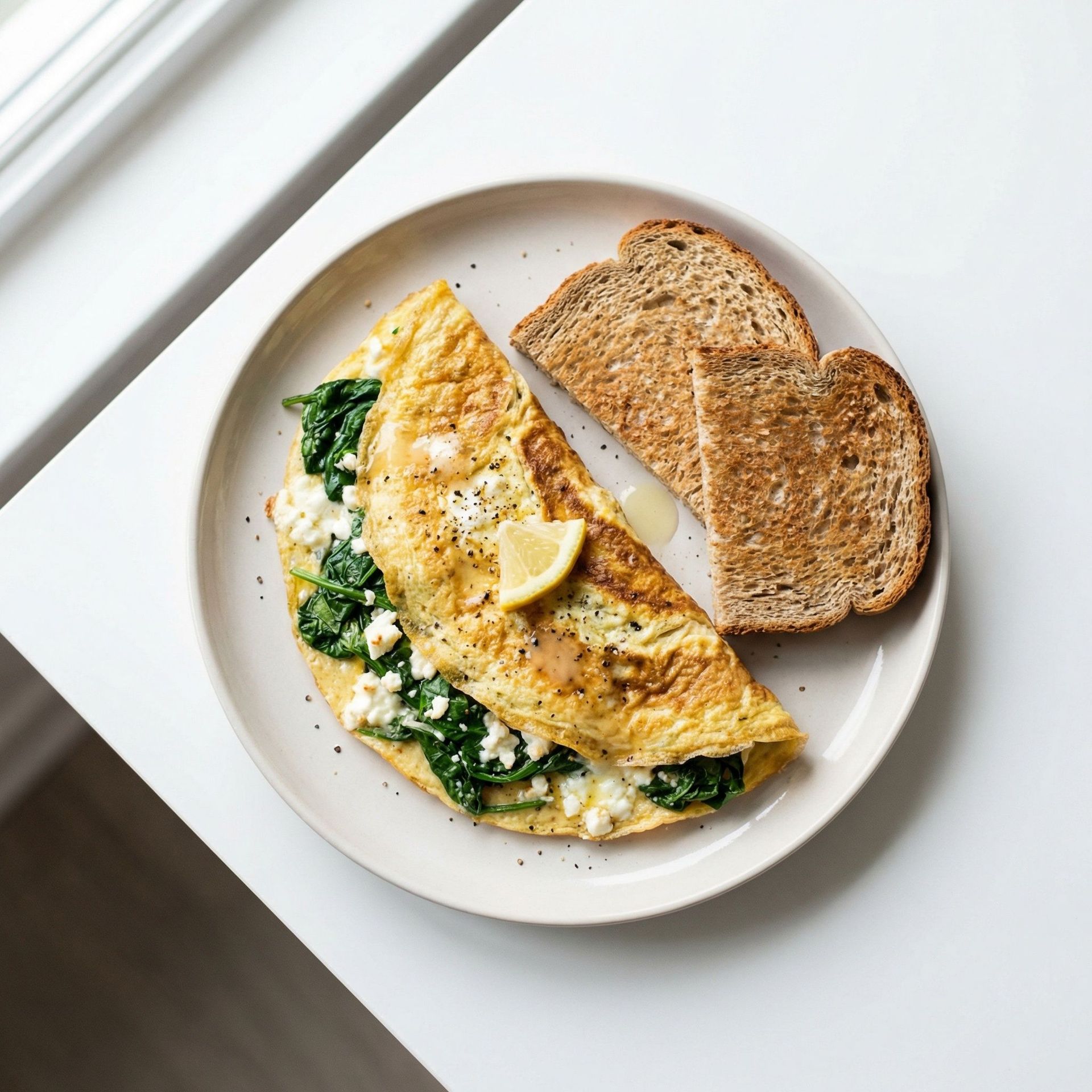 Mediterranean Spinach and Feta Omelet with Toast, prepared as a finished Lila recipe