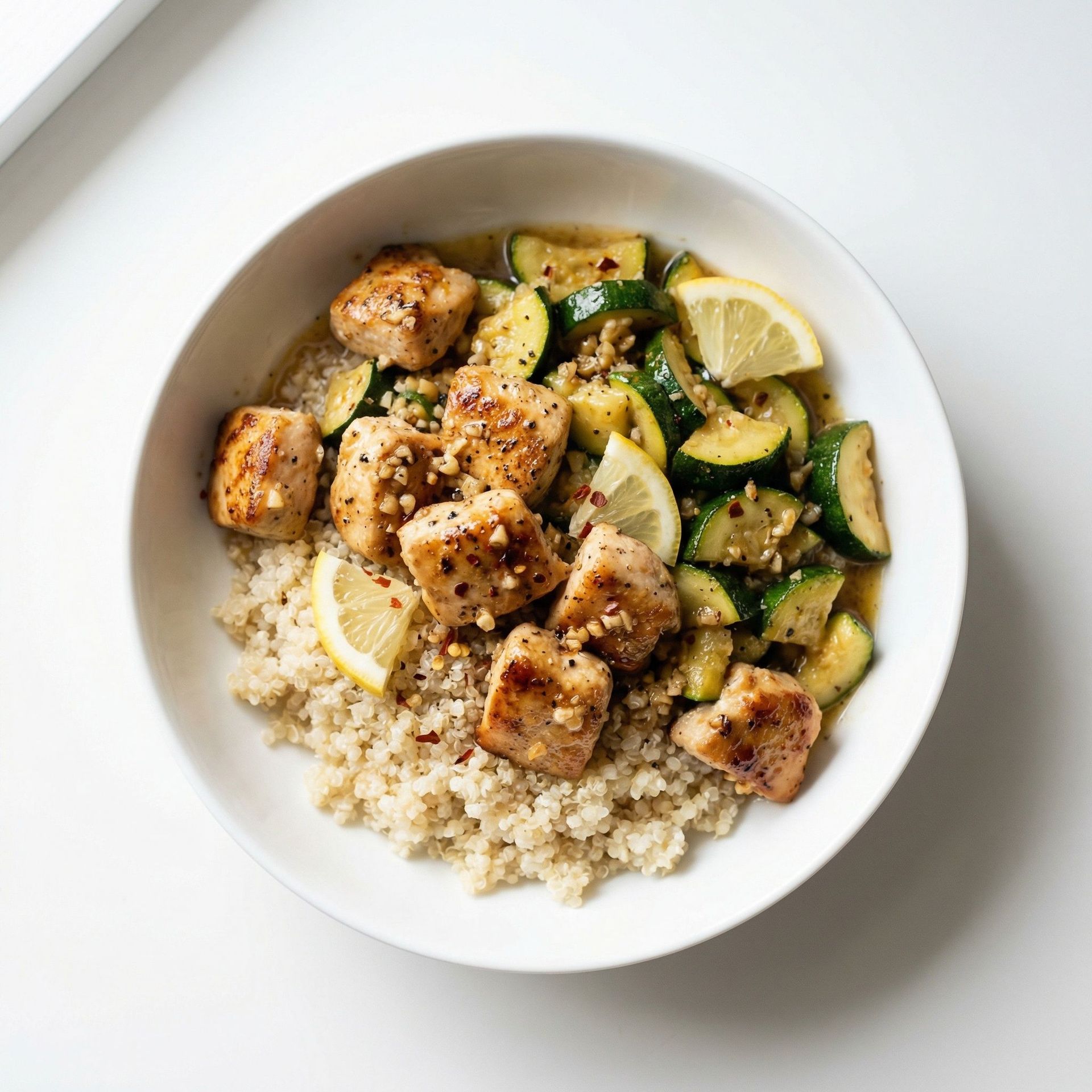 Garlic Butter Chicken Bites With Zucchini and Quinoa, prepared as a finished Lila recipe