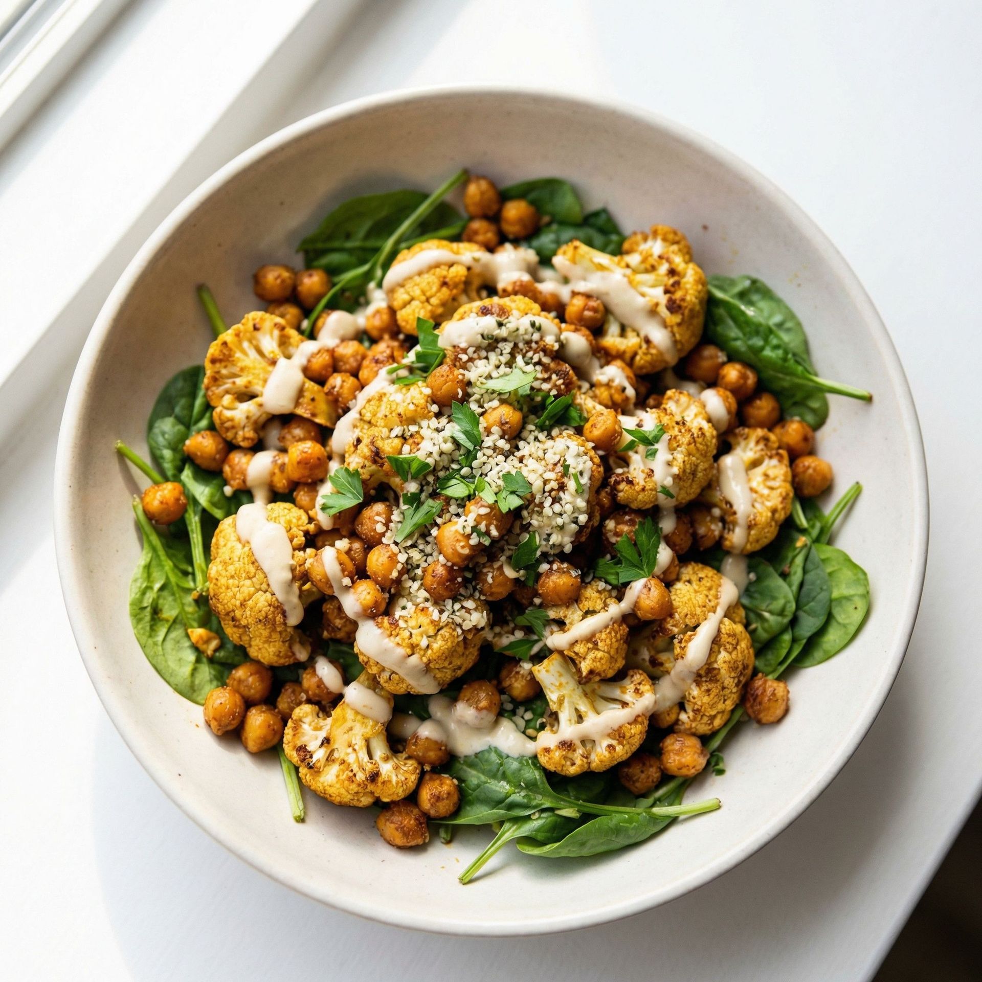 Warm Roasted Chickpea and Cauliflower Bowl, prepared as a finished Lila recipe
