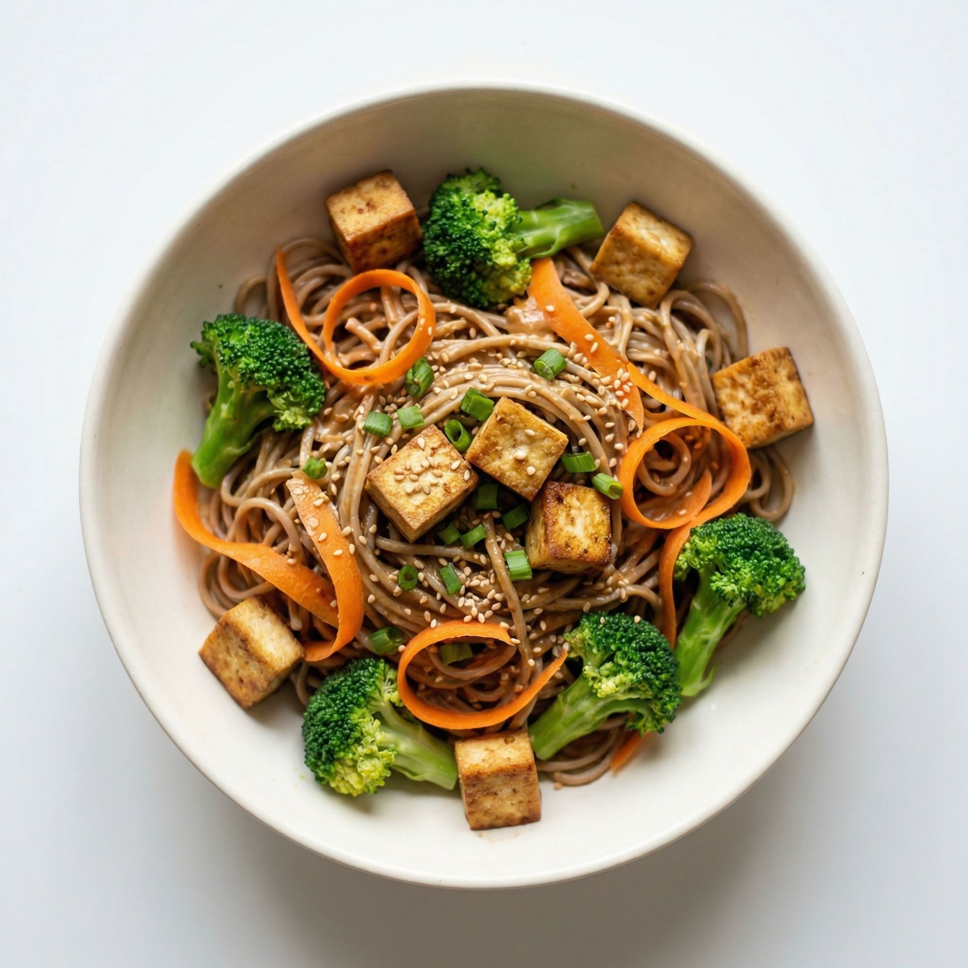 Tofu & Peanut Soba Noodle Bowl, prepared as a finished Lila recipe
