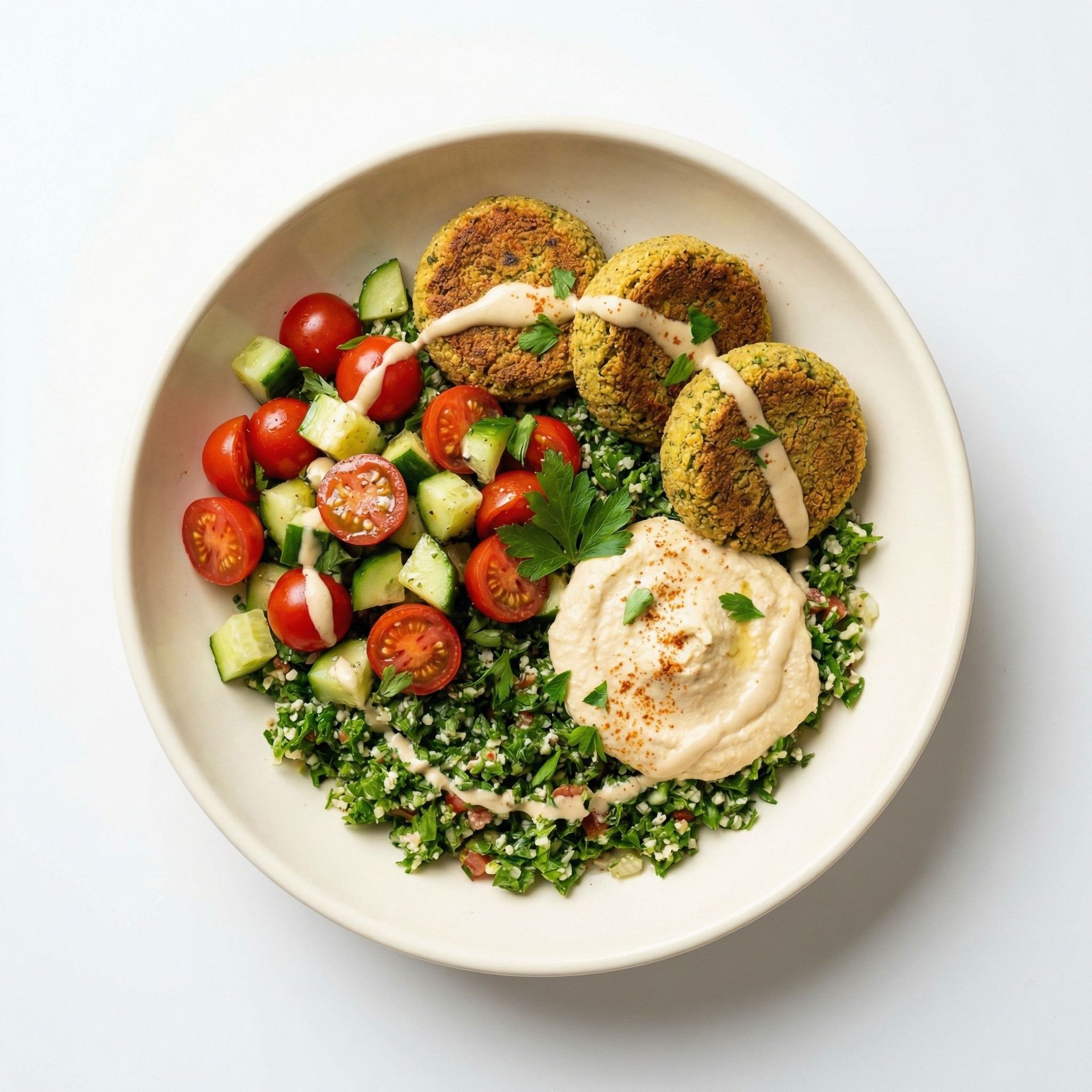 Mediterranean Baked Falafel & Tabbouleh Bowl, prepared as a finished Lila recipe