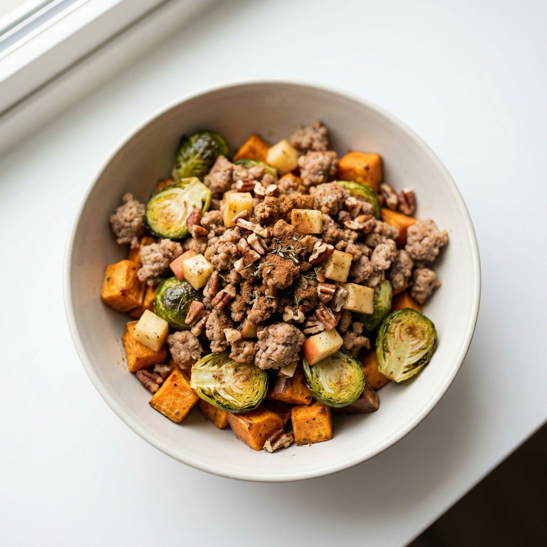 Ground Turkey & Sweet Potato Harvest Bowl, prepared as a finished Lila recipe