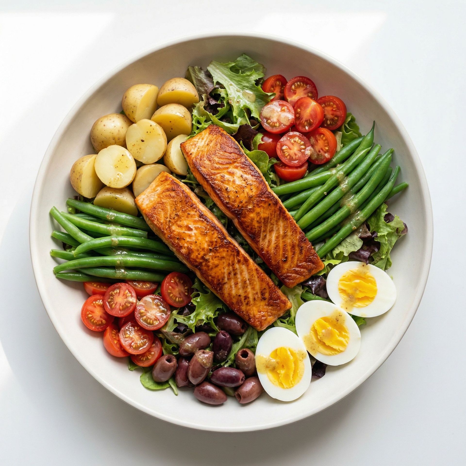 Classic Salmon Niçoise Salad, prepared as a finished Lila recipe