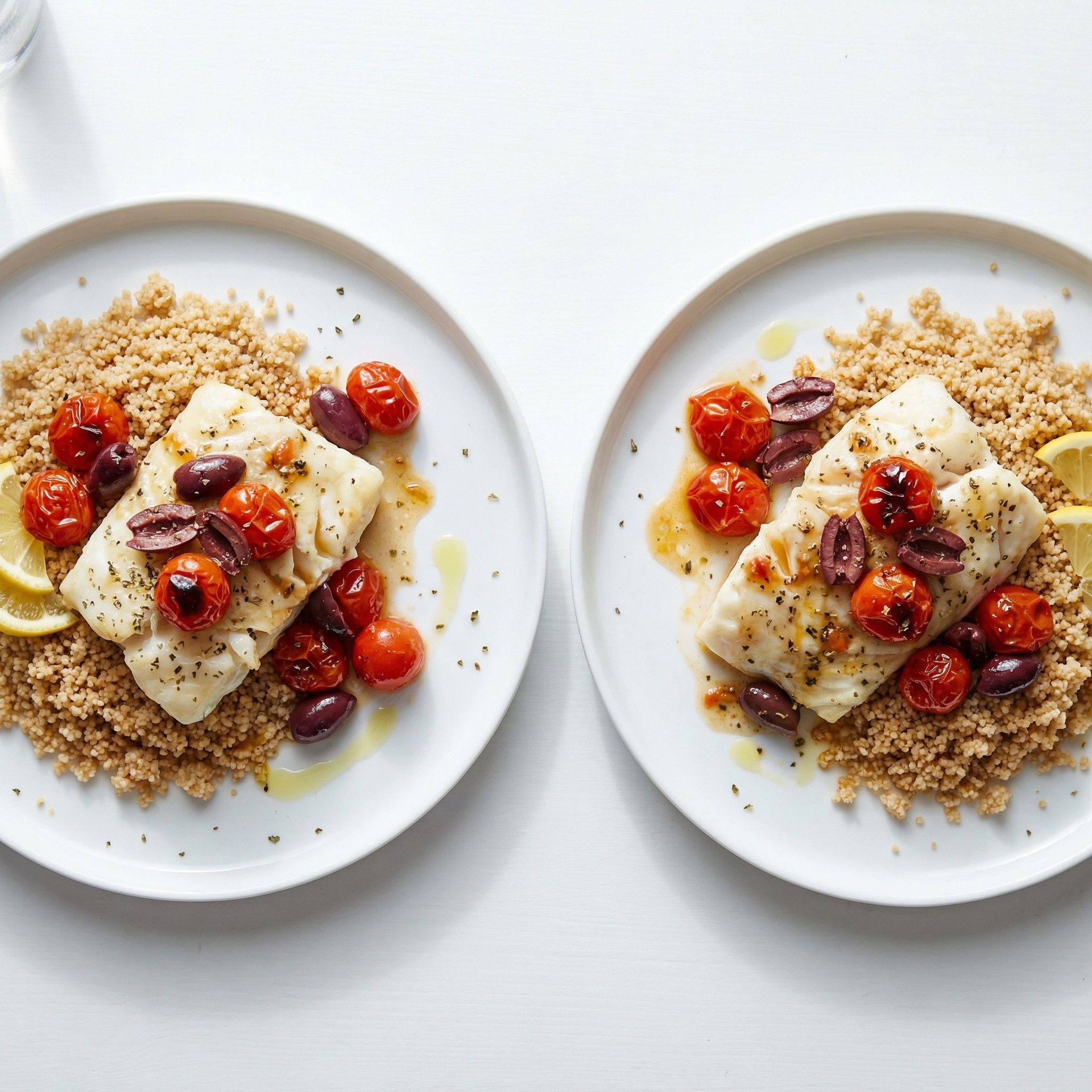 Mediterranean Baked Cod With Tomatoes And Couscous, prepared as a finished Lila recipe