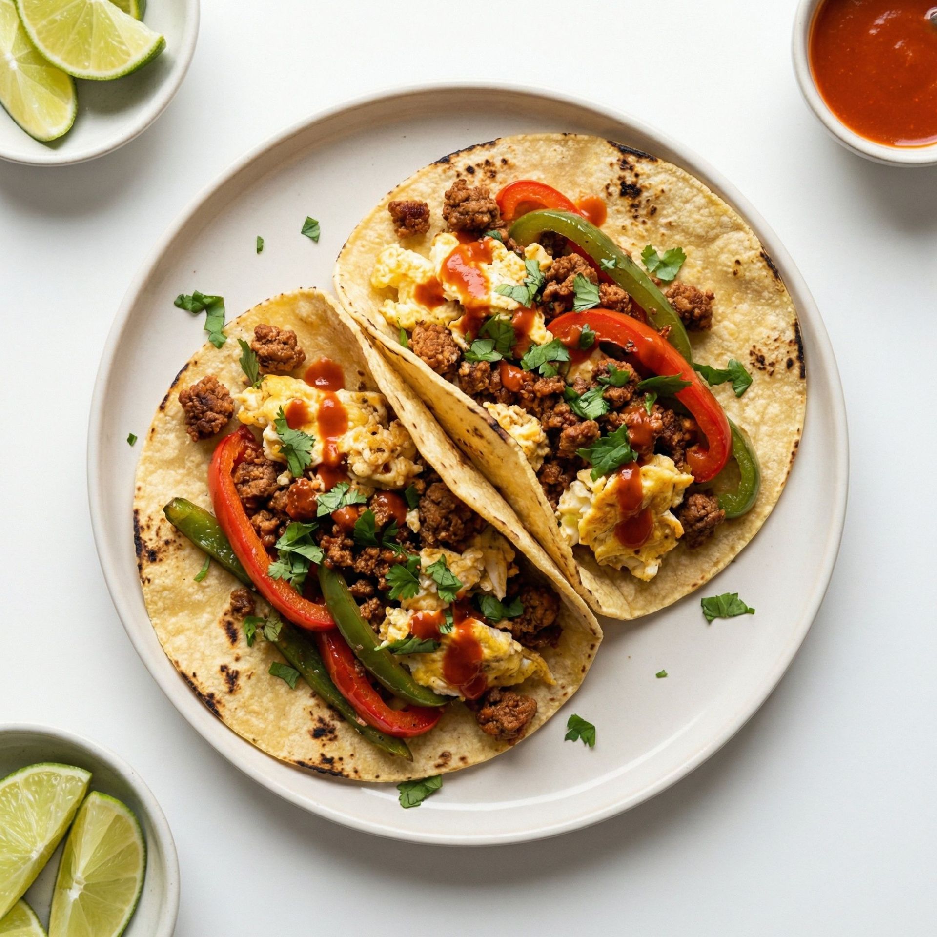 Chorizo and Pepper Breakfast Tacos, prepared as a finished Lila recipe