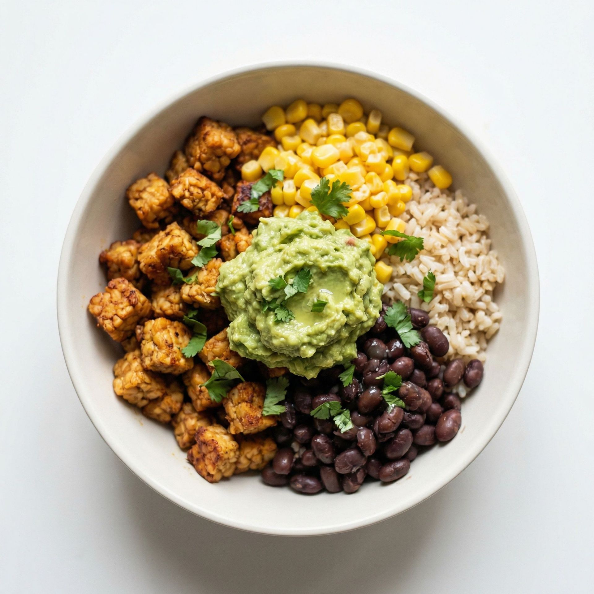 Tempeh & Black Bean Burrito Bowl, prepared as a finished Lila recipe