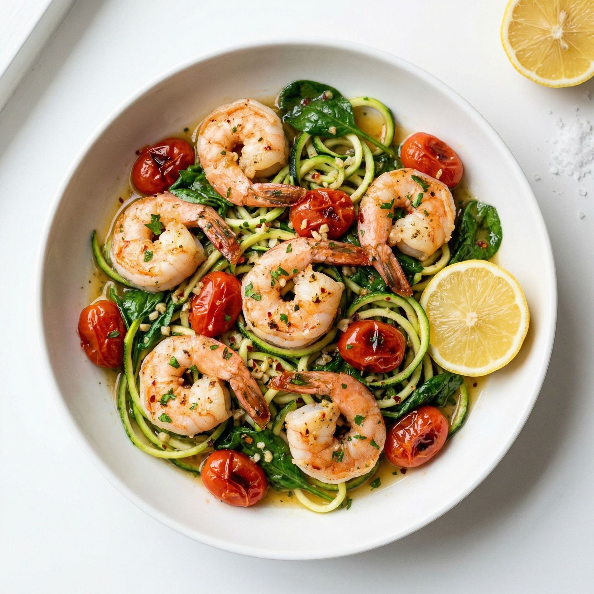 Garlic Butter Shrimp Scampi with Zucchini Noodles, prepared as a finished Lila recipe