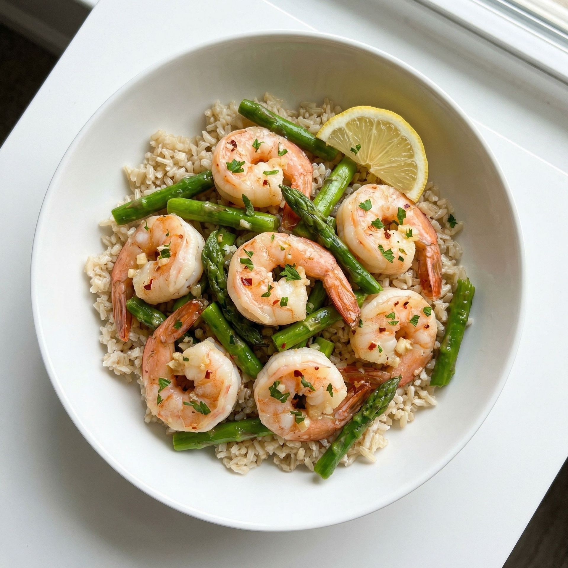 Garlic Butter Shrimp and Asparagus Over Brown Rice, prepared as a finished Lila recipe