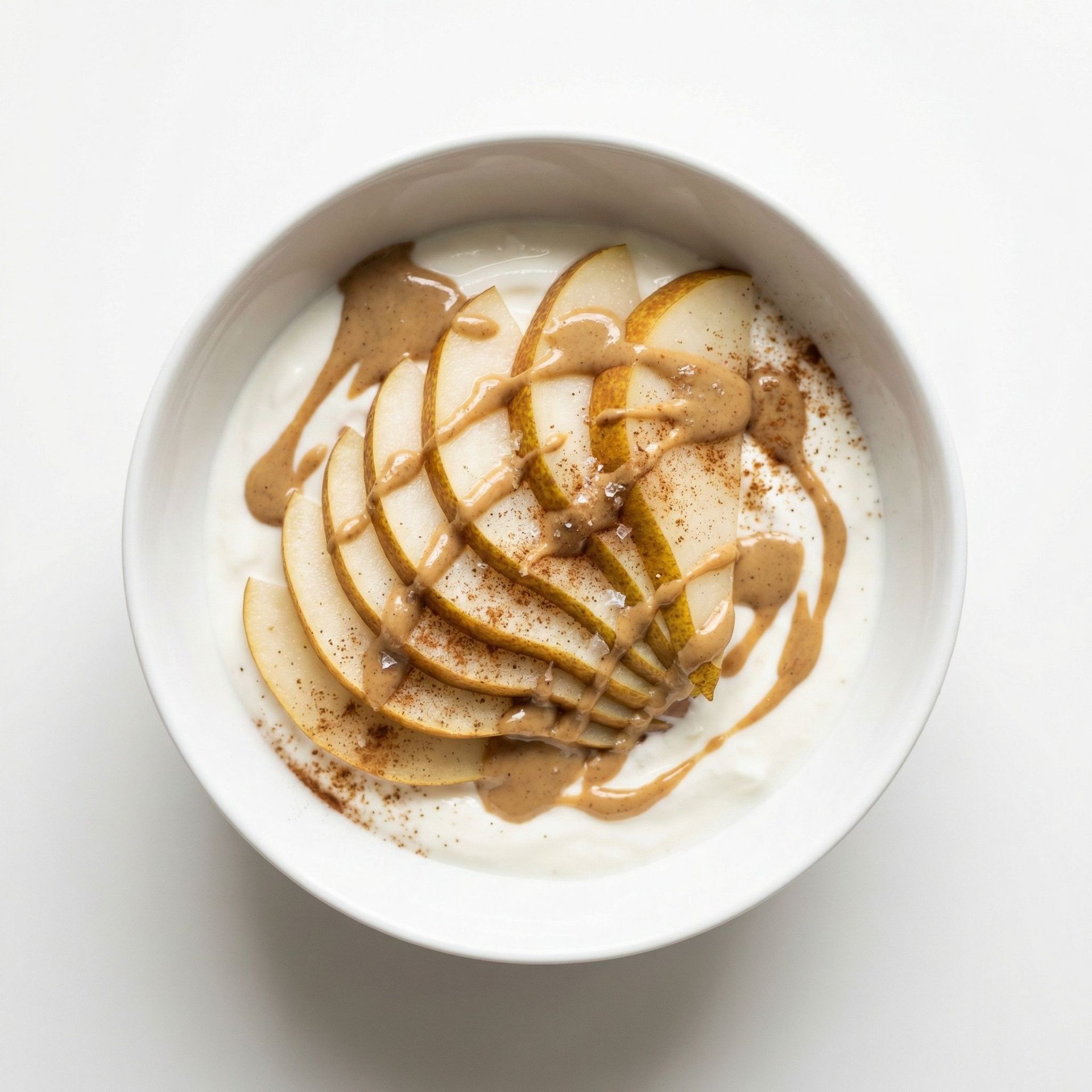 Pear and Sunflower Butter Yogurt Bowl, prepared as a finished Lila recipe
