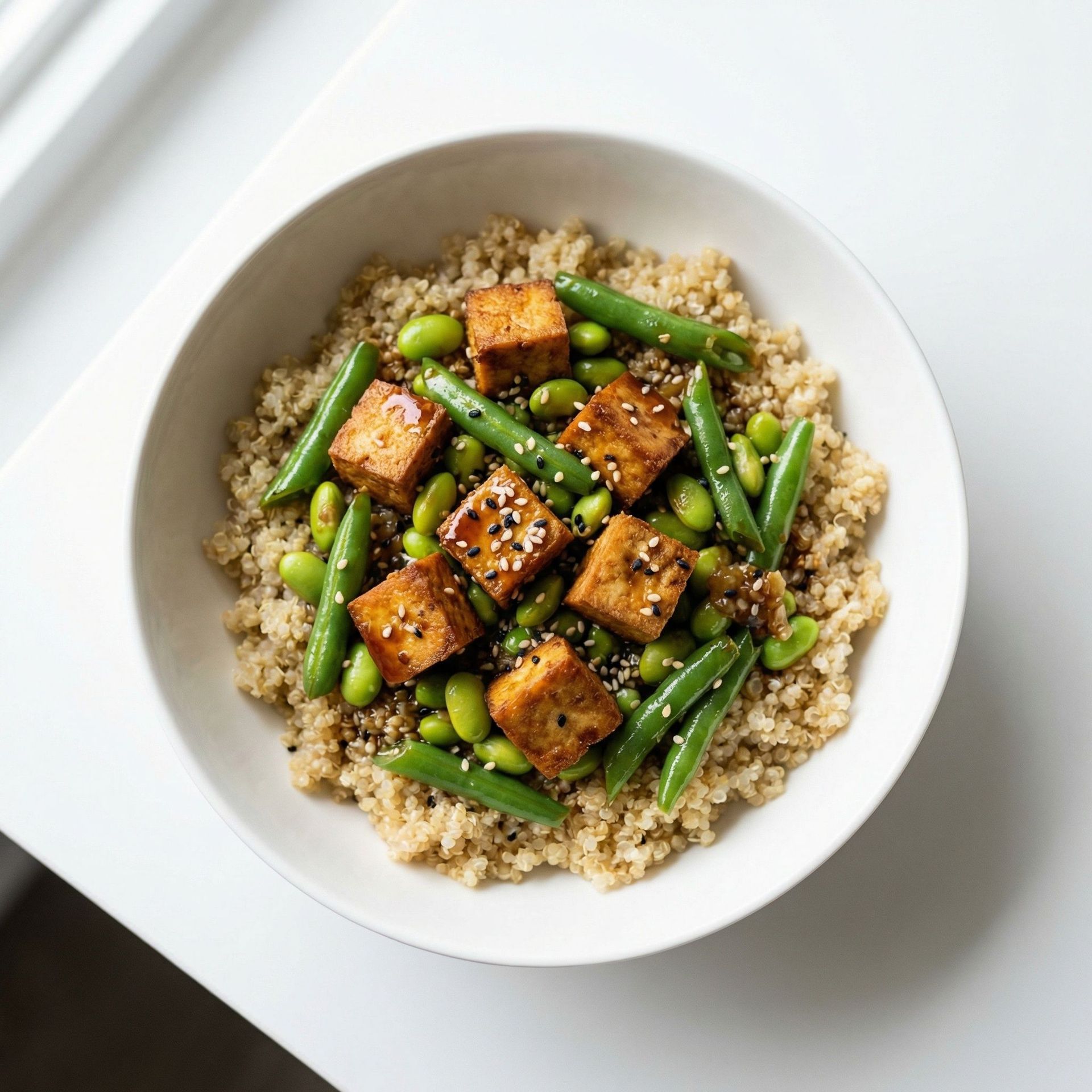 Savory Tofu & Green Bean Quinoa Bowl, prepared as a finished Lila recipe