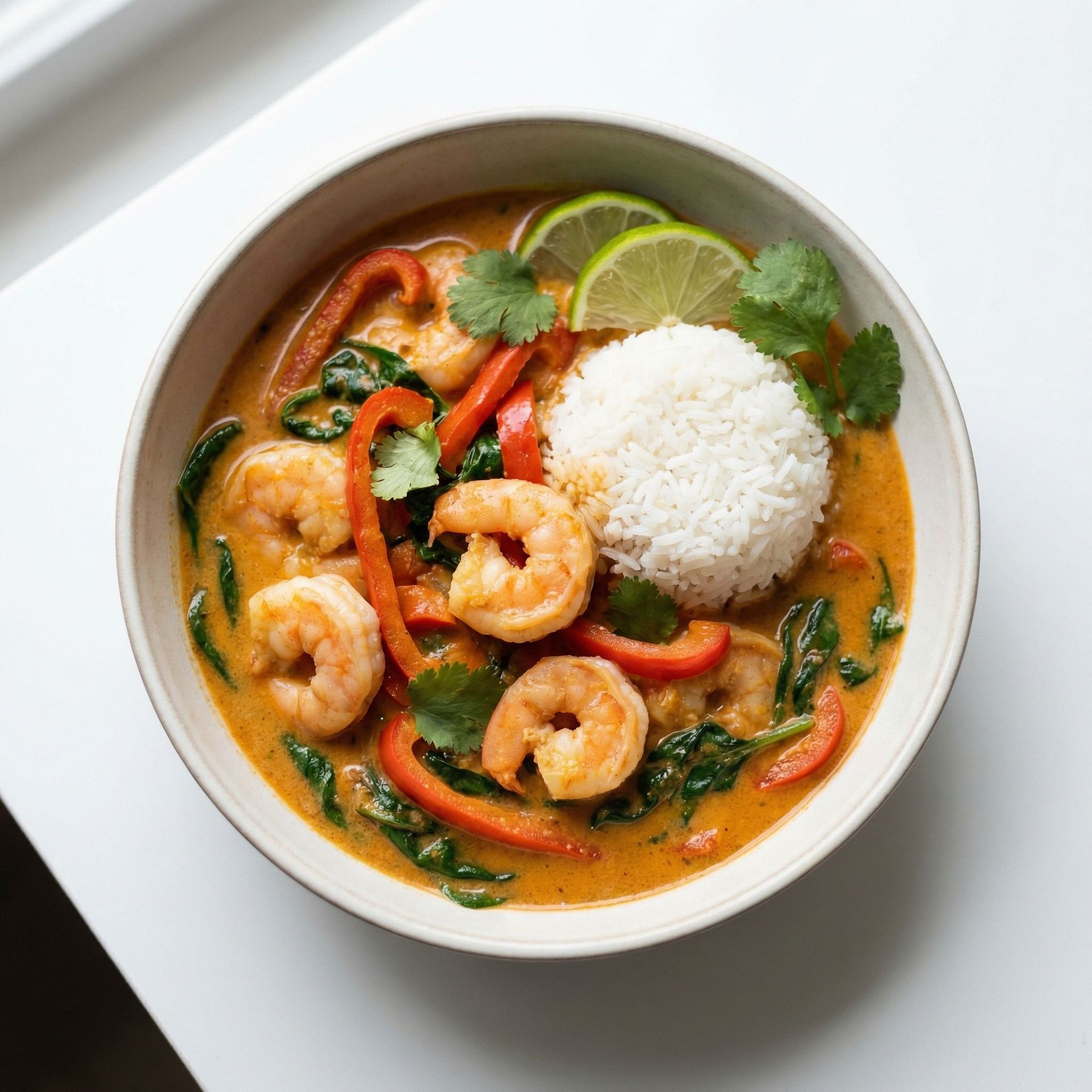 Coconut Thai Curry Shrimp With Bell Peppers And Rice, prepared as a finished Lila recipe