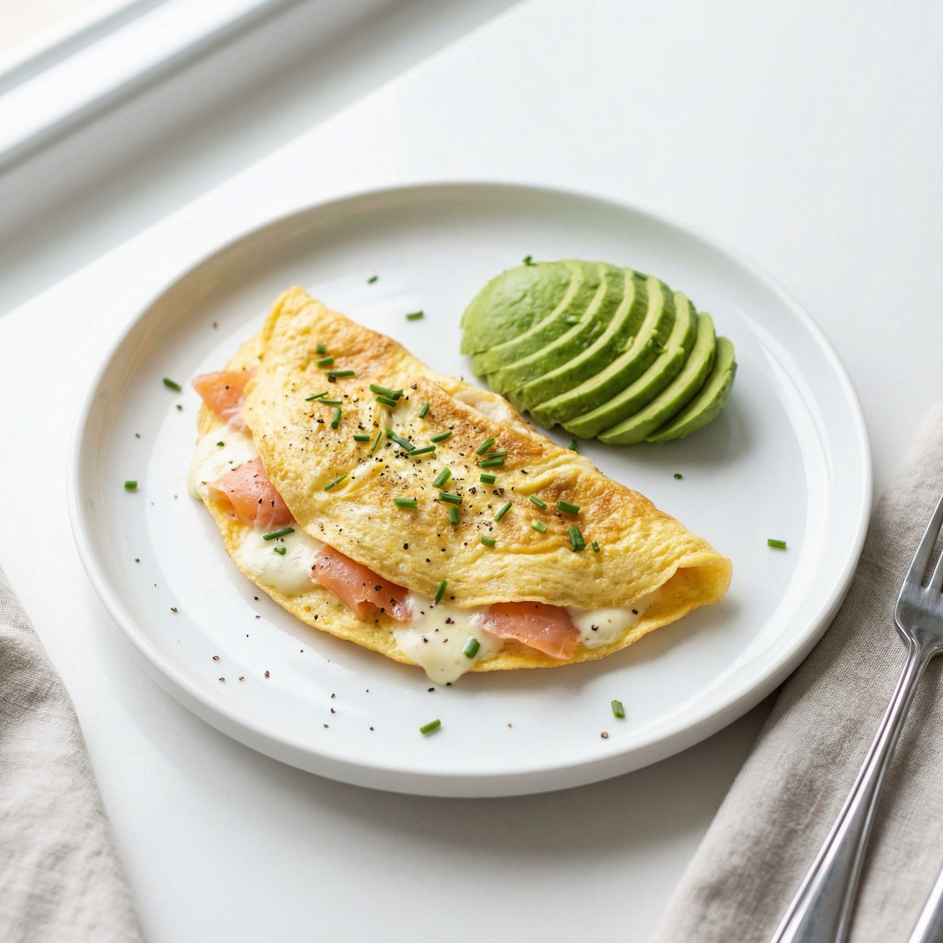 Smoked Salmon and Cream Cheese Omelet with Avocado, prepared as a finished Lila recipe