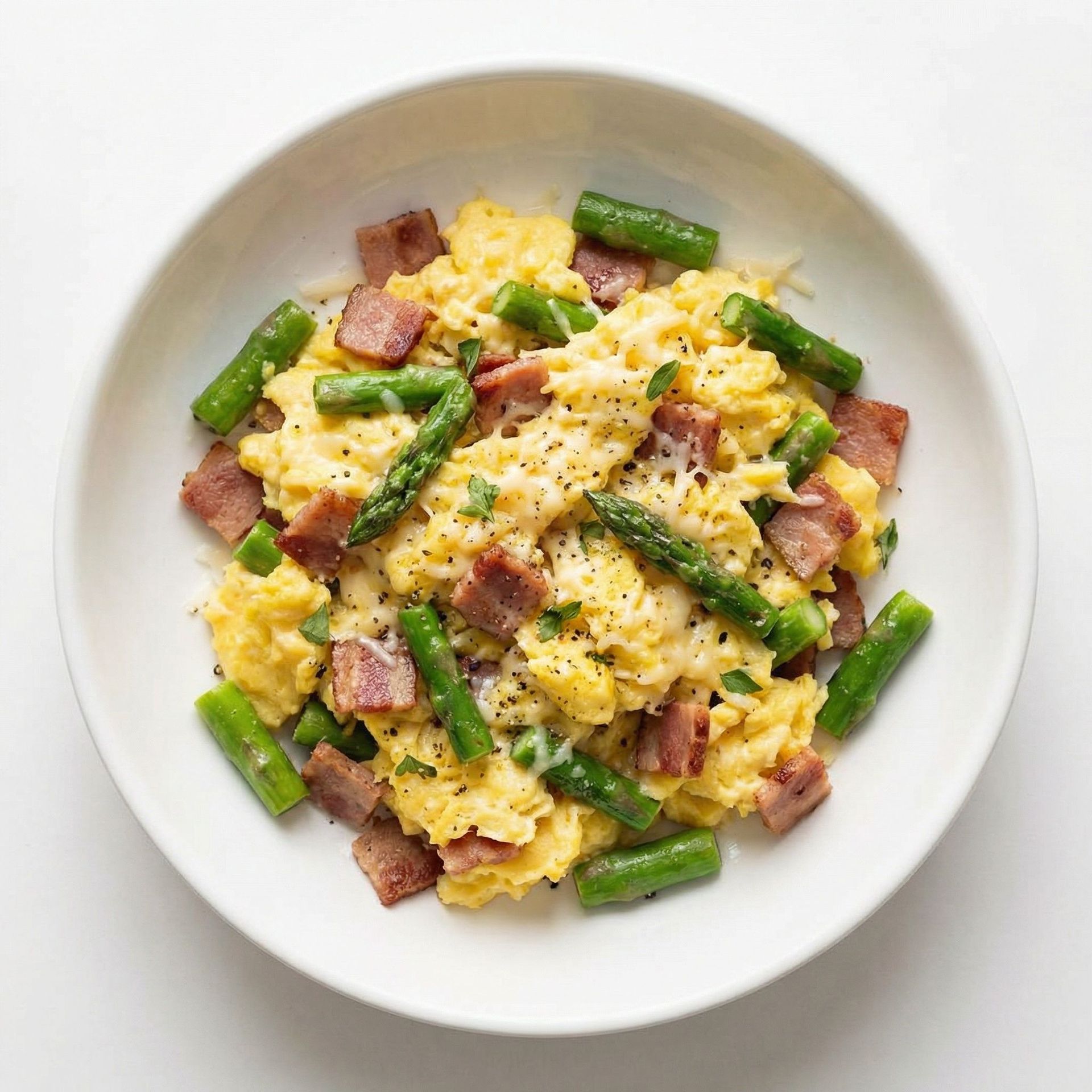 Turkey Bacon And Asparagus Scramble, prepared as a finished Lila recipe