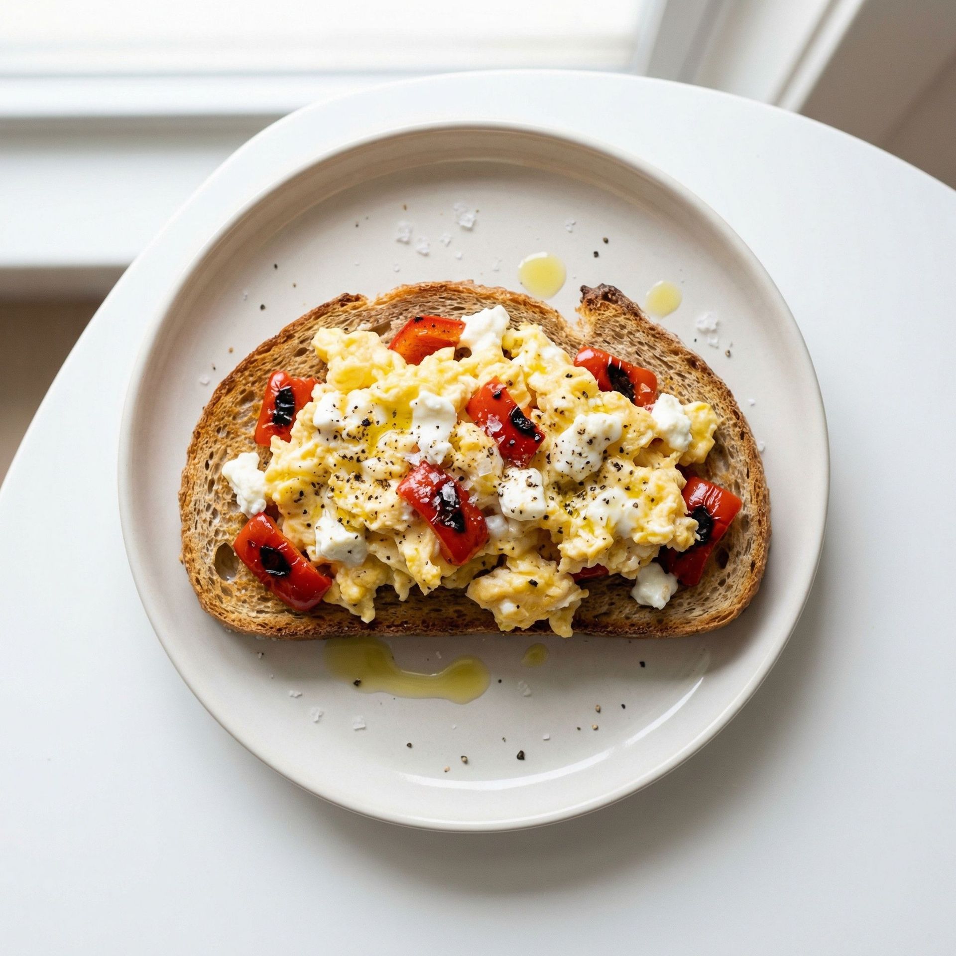 Roasted Red Pepper And Goat Cheese Sourdough Scramble, prepared as a finished Lila recipe