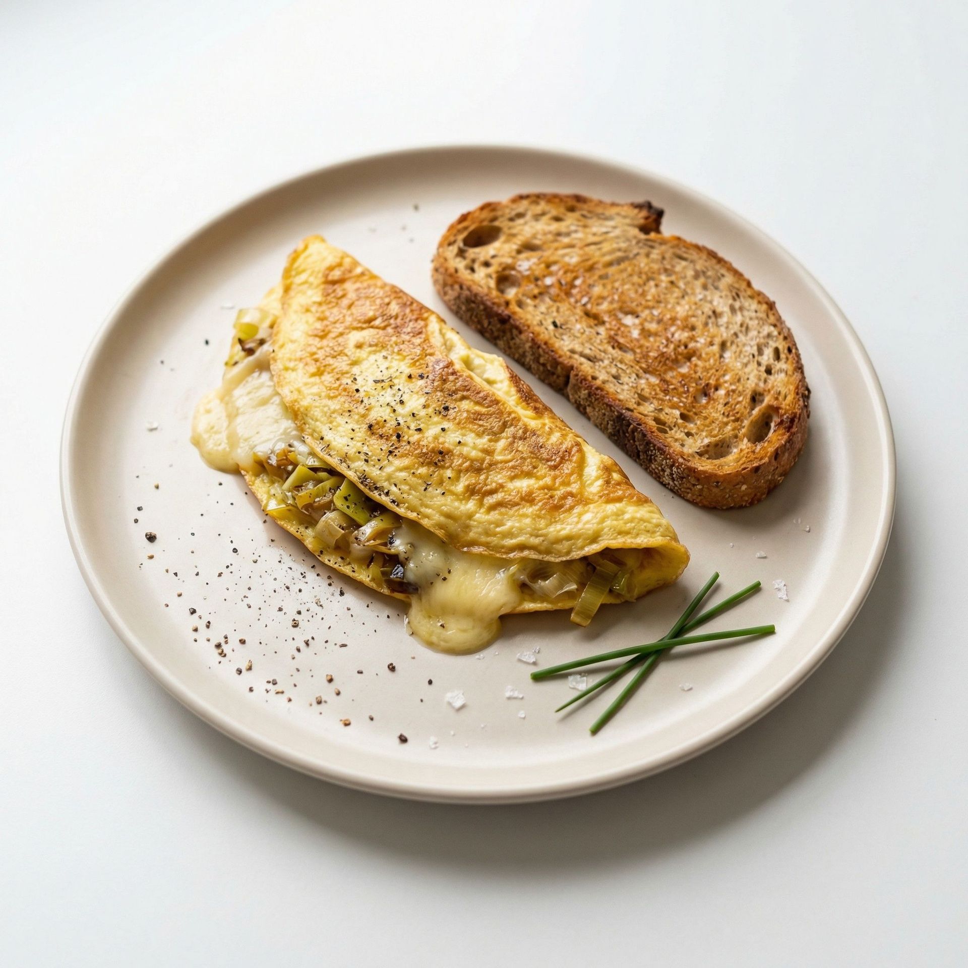 Leek & Gruyere Omelet with Sourdough Toast, prepared as a finished Lila recipe
