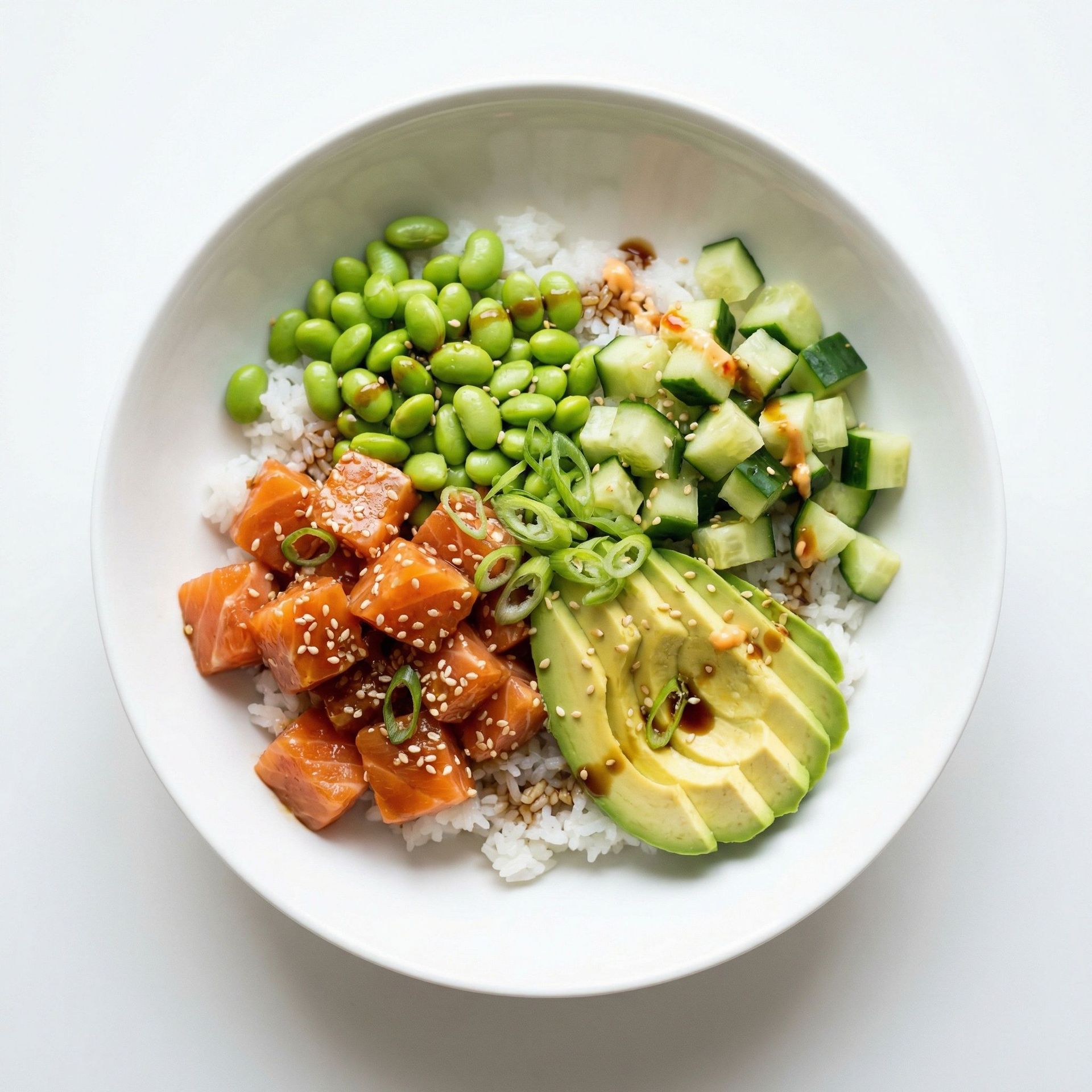 Salmon & Edamame Poke Bowl, prepared as a finished Lila recipe