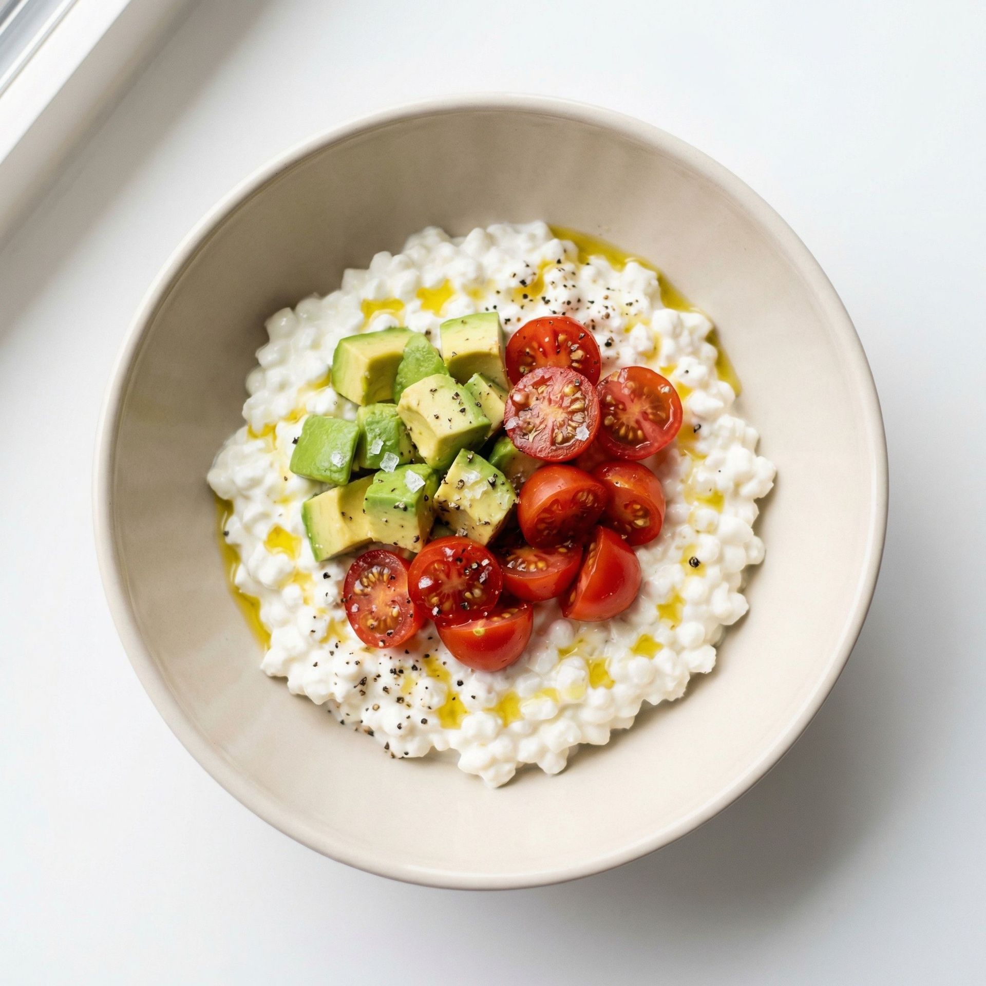 Savory Cottage Cheese and Avocado Bowl, prepared as a finished Lila recipe