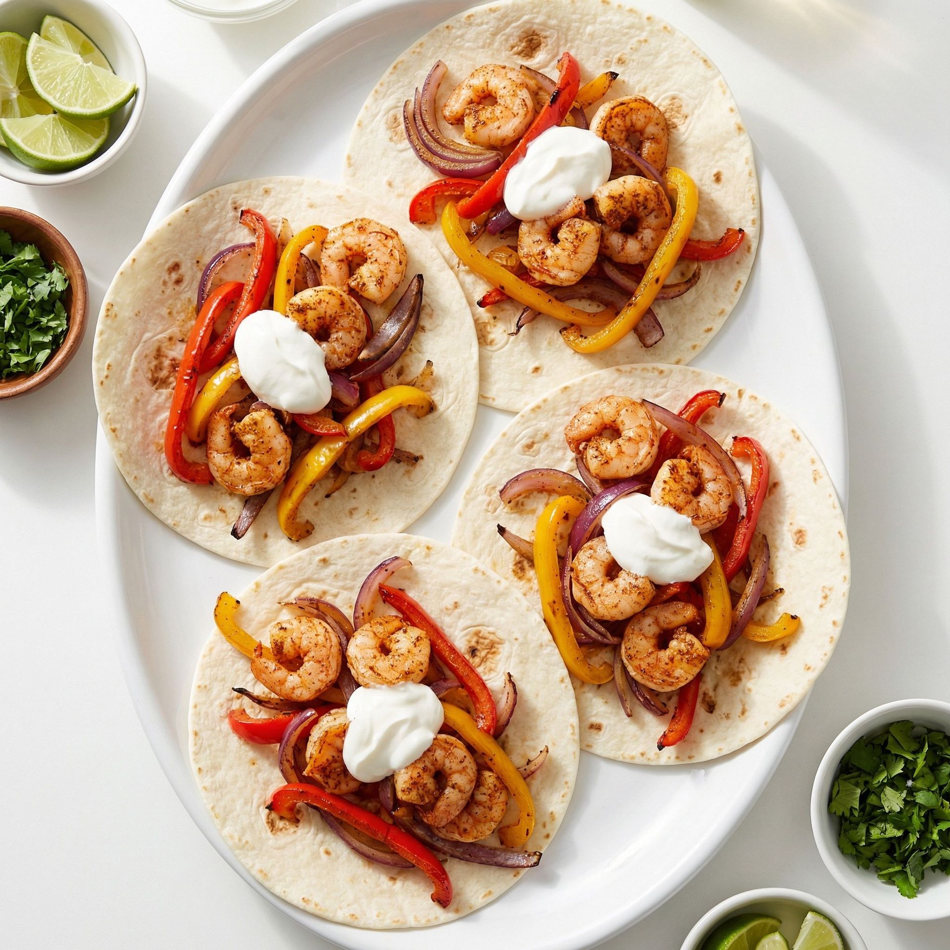 Quick Shrimp Fajitas with Sweet Peppers, prepared as a finished Lila recipe