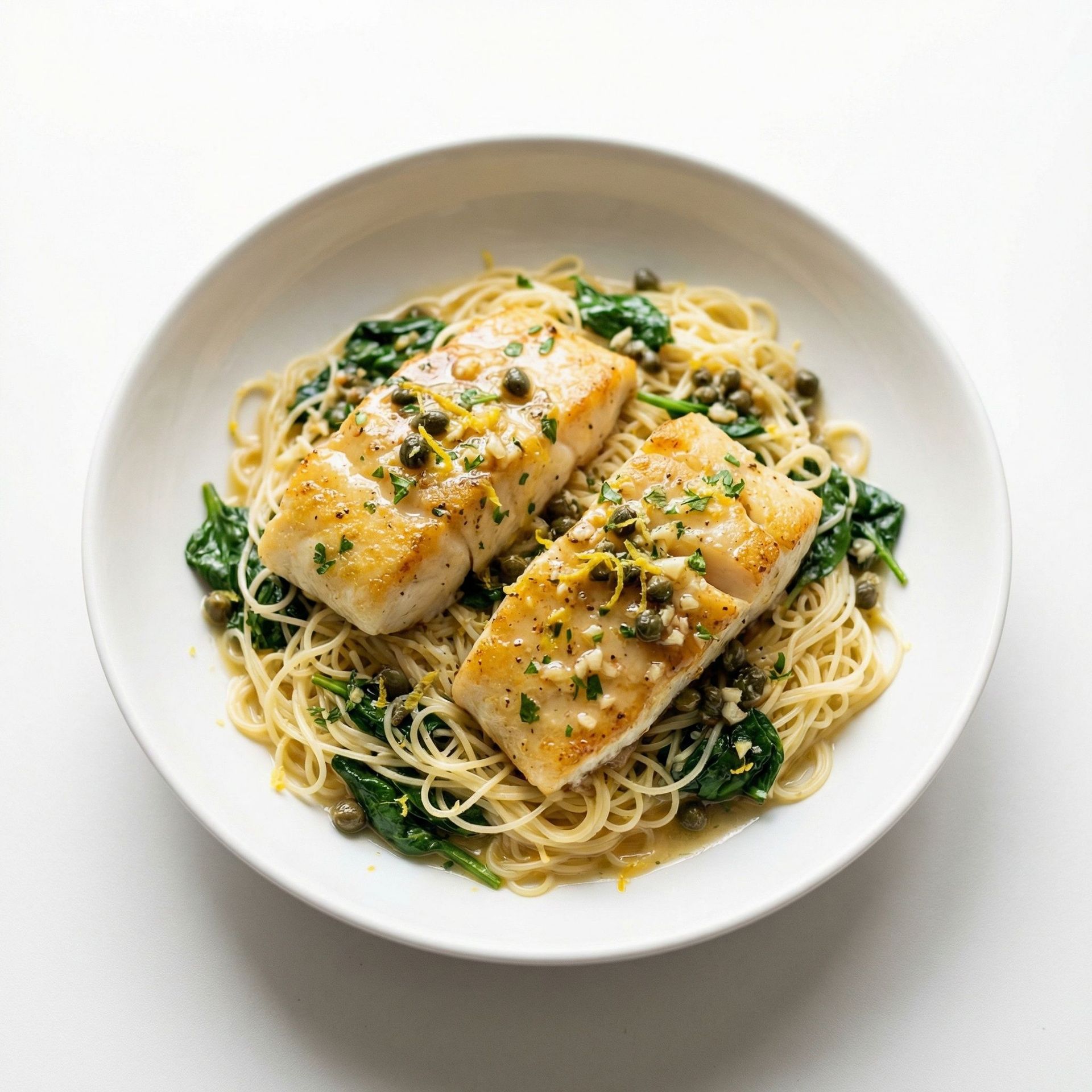 Lemon Caper Cod Piccata With Angel Hair, prepared as a finished Lila recipe