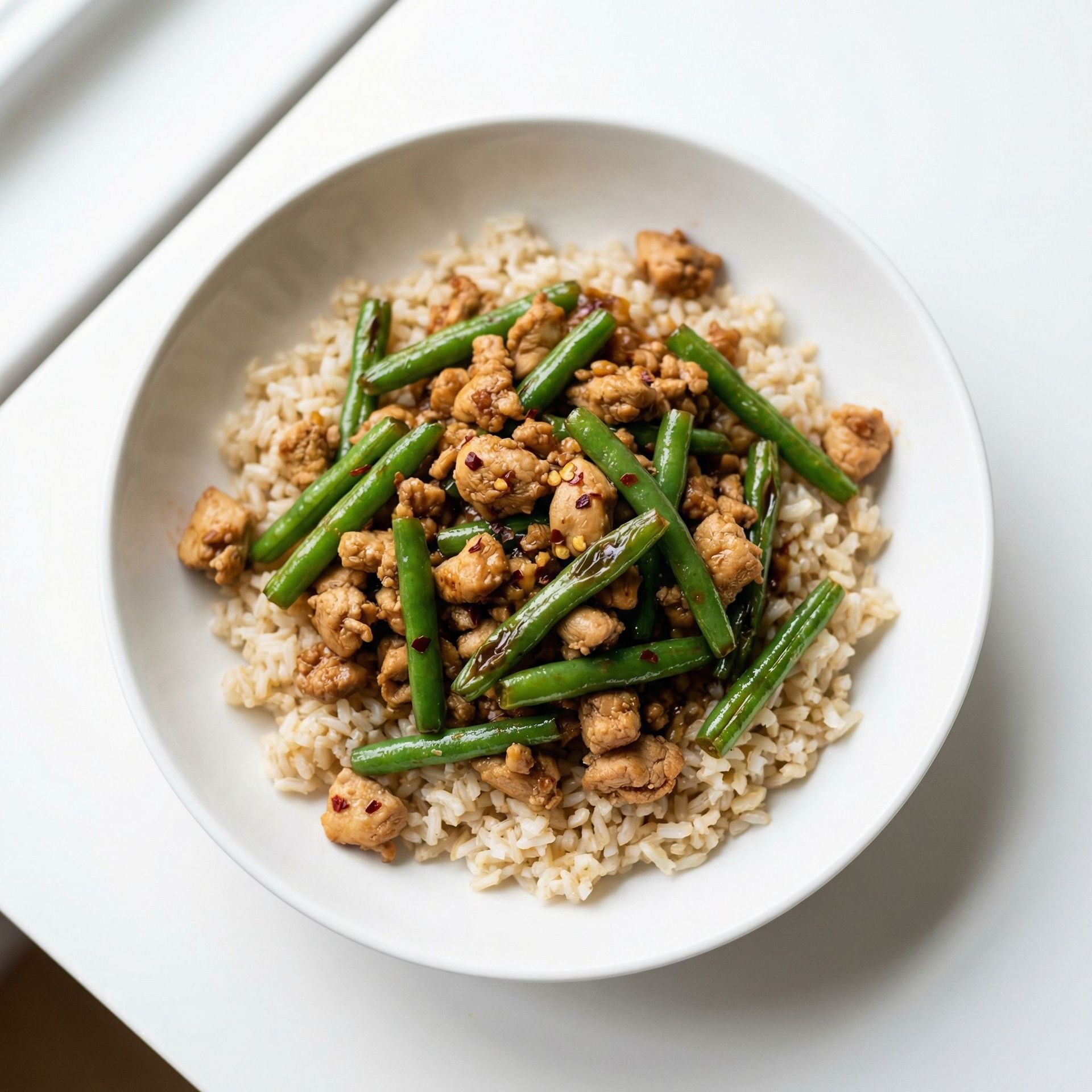Ginger Chicken & Green Bean Rice Bowl, prepared as a finished Lila recipe