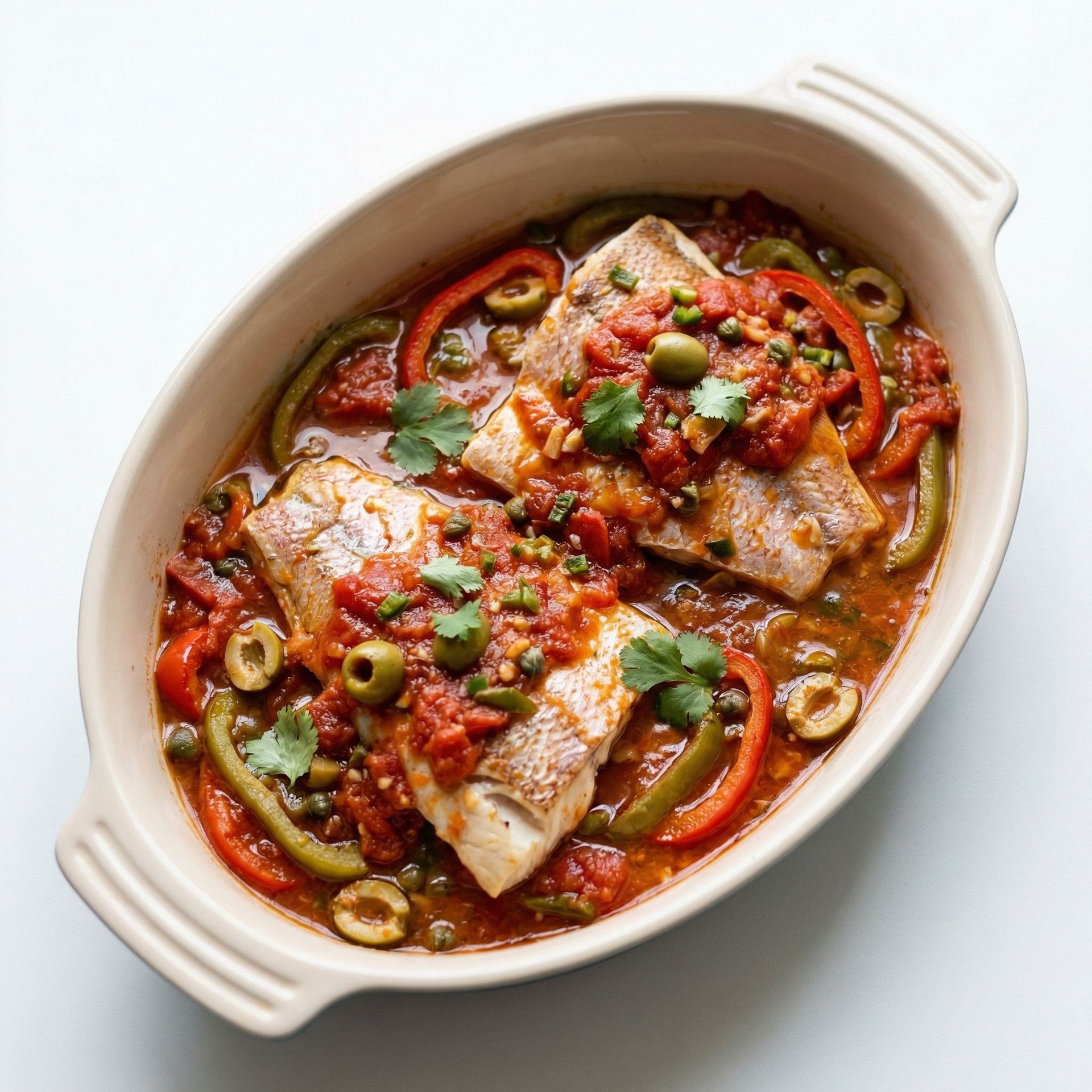 Snapper Veracruz With Tomatoes And Olives, prepared as a finished Lila recipe