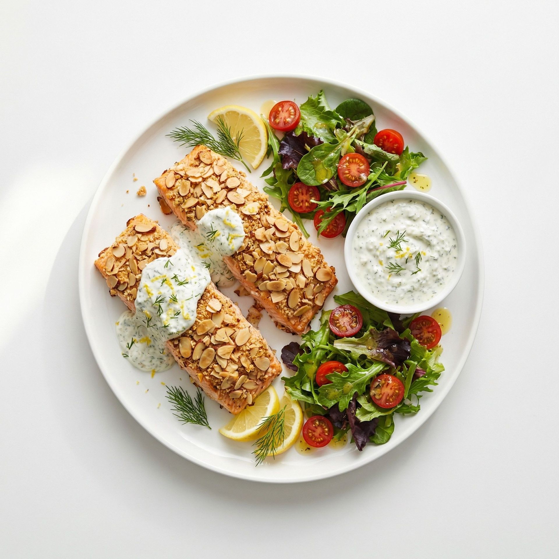 Almond-Crusted Salmon With Yogurt Dill Sauce, prepared as a finished Lila recipe
