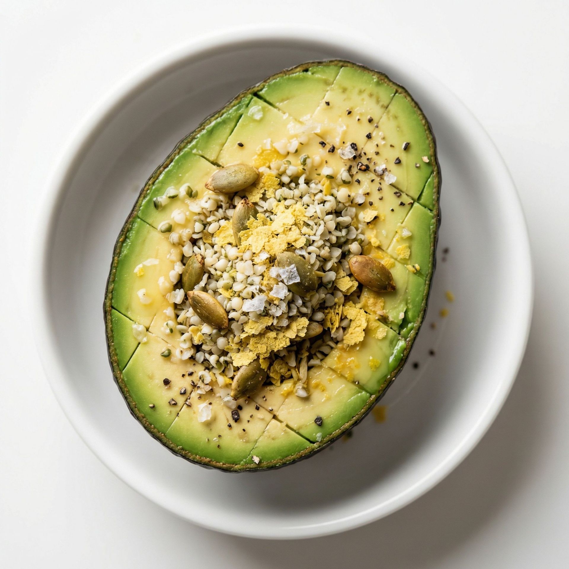 Savory Hemp and Nooch Avocado Boats, prepared as a finished Lila recipe