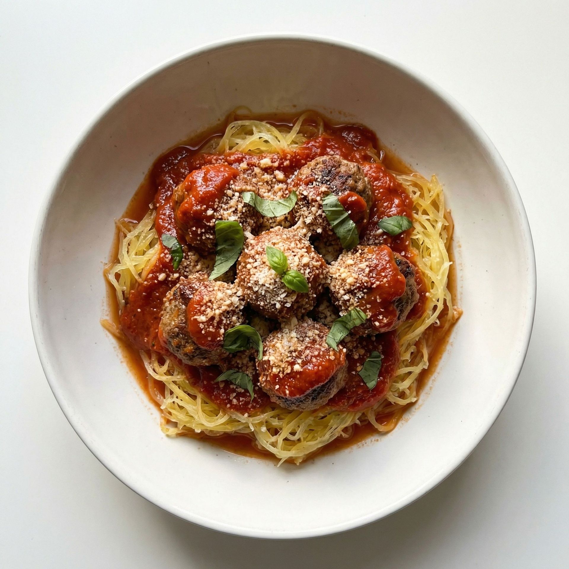 Classic Beef Meatballs With Spaghetti Squash, prepared as a finished Lila recipe